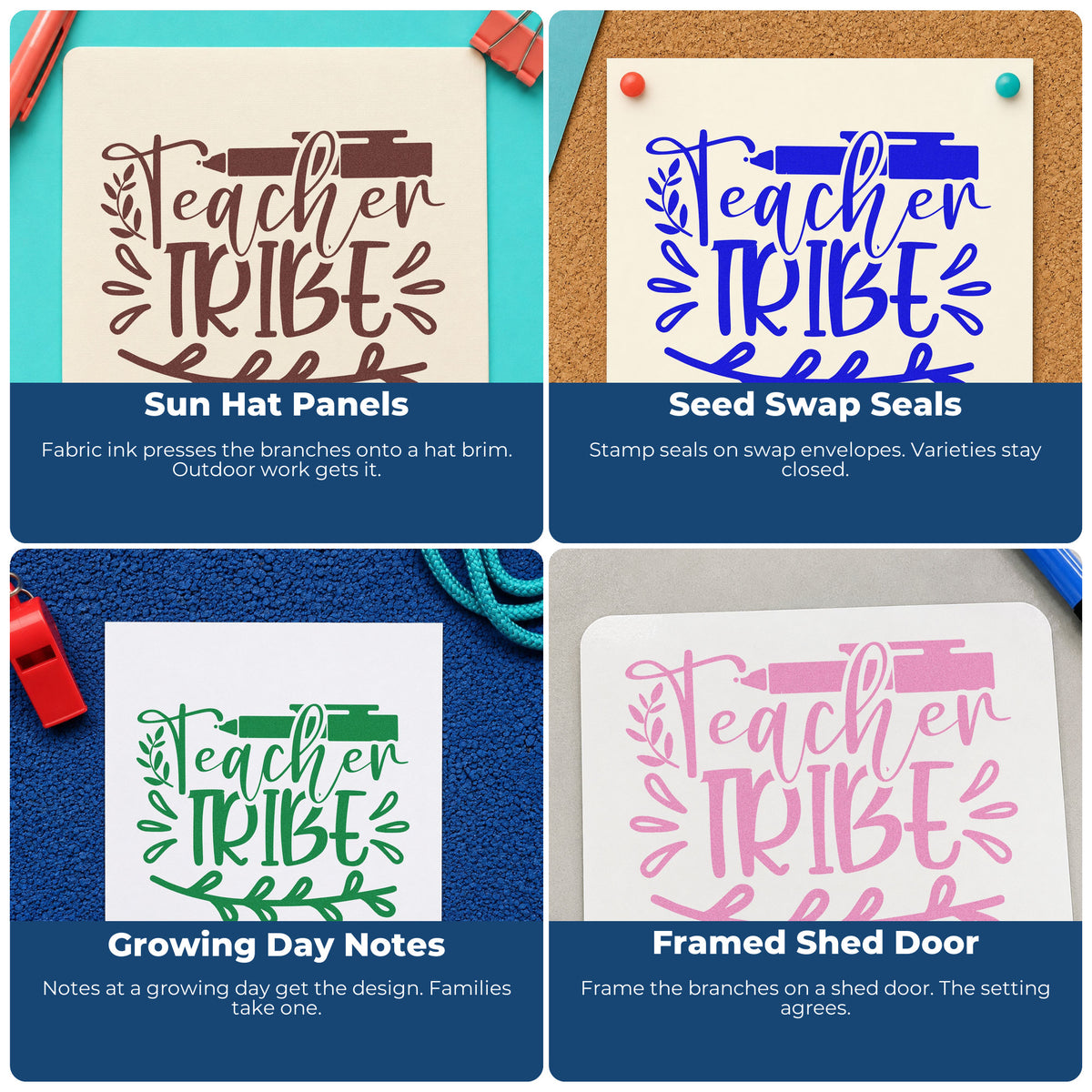 Four ways to use the Teacher Tribe Pen And Leaves Leafy Branches Stamp – Slim Pre-Inked: sun hat panels, seed swap seals, growing day notes and framed shed door.