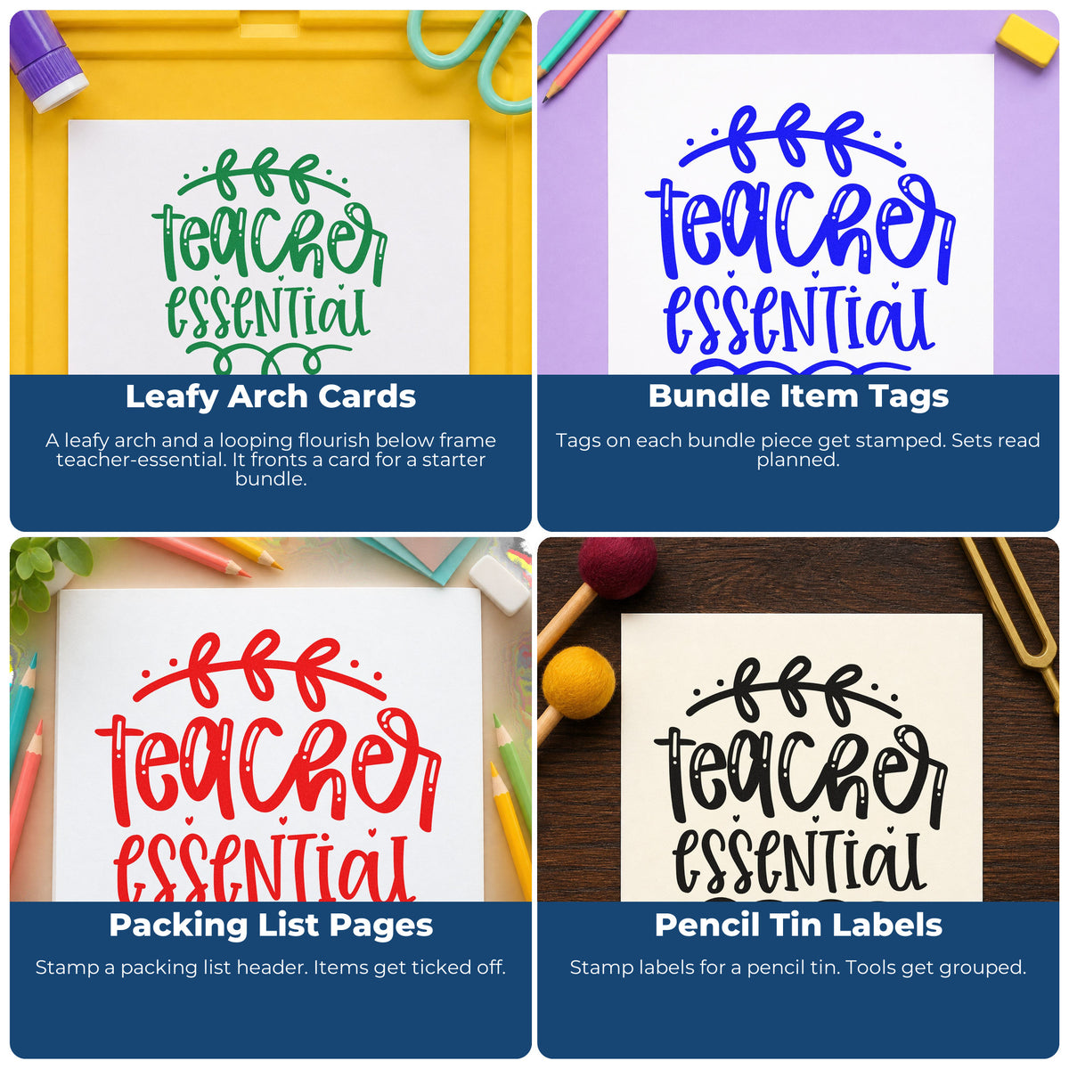 Four ways to use the Teacher Essential Leafy Flourish Slim Pre-Inked Stamp: leafy arch cards, bundle item tags, packing list pages and pencil tin labels.