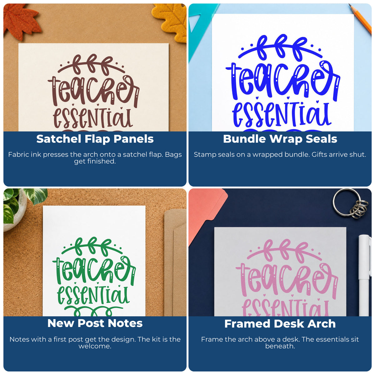 Four ways to use the Teacher Essential Leafy Flourish Slim Pre-Inked Stamp: satchel flap panels, bundle wrap seals, new post notes and framed desk arch.