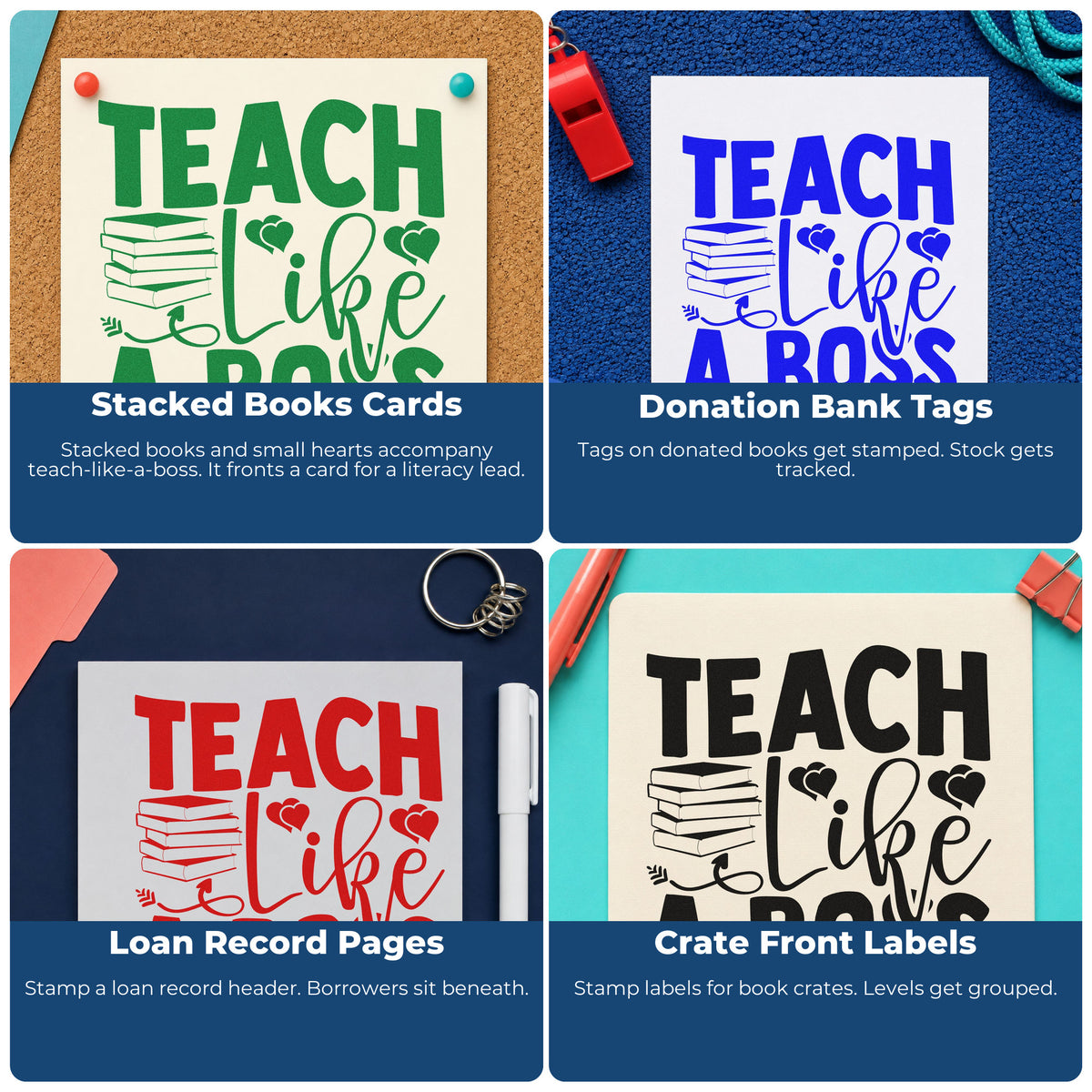 Teacher rubber stamps for grading feedback, parent communication, student rewards, and homework folders in the classroom.