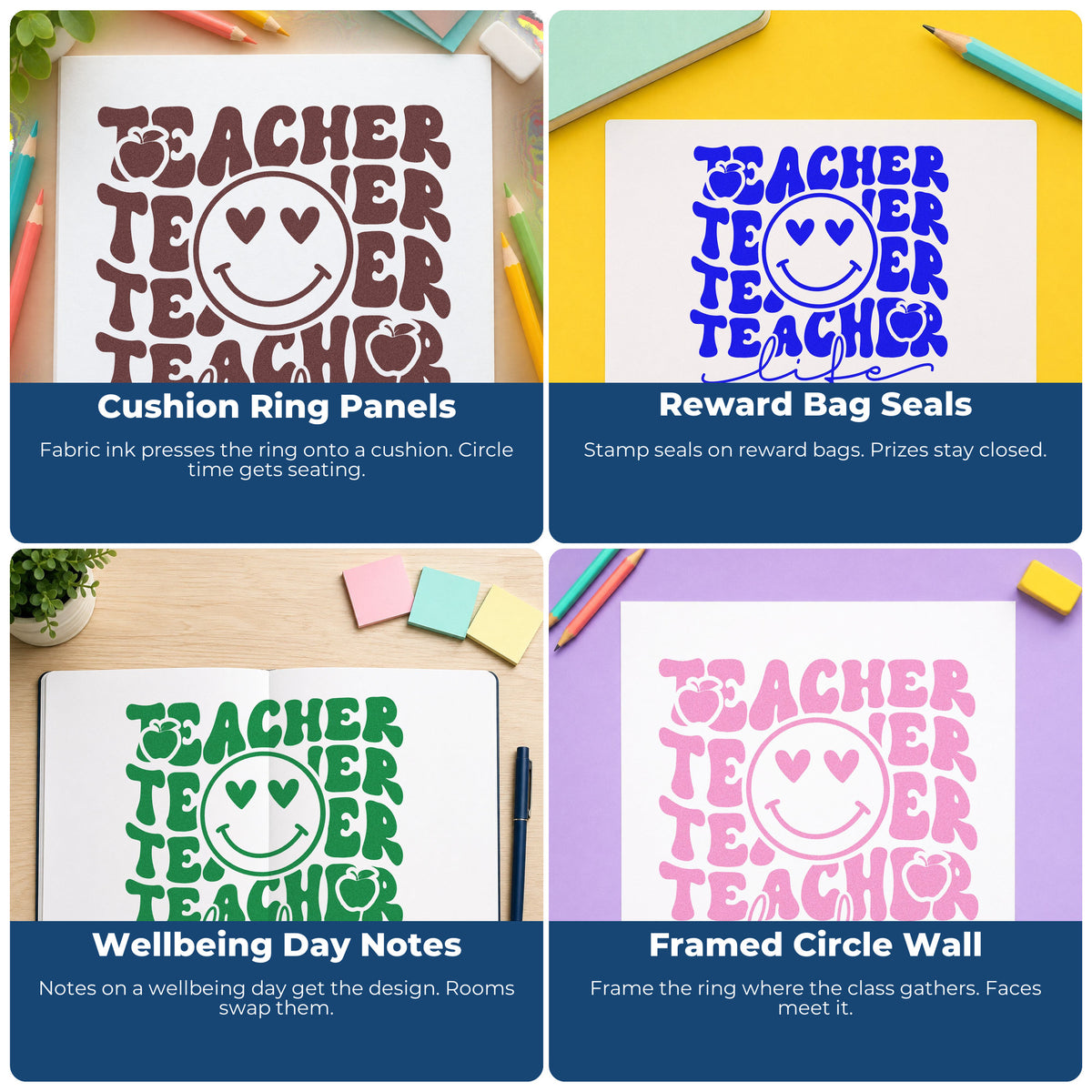 Teacher rubber stamp ideas for classroom projects, bulletin boards, SEL notes, and hall passes with custom educational designs.