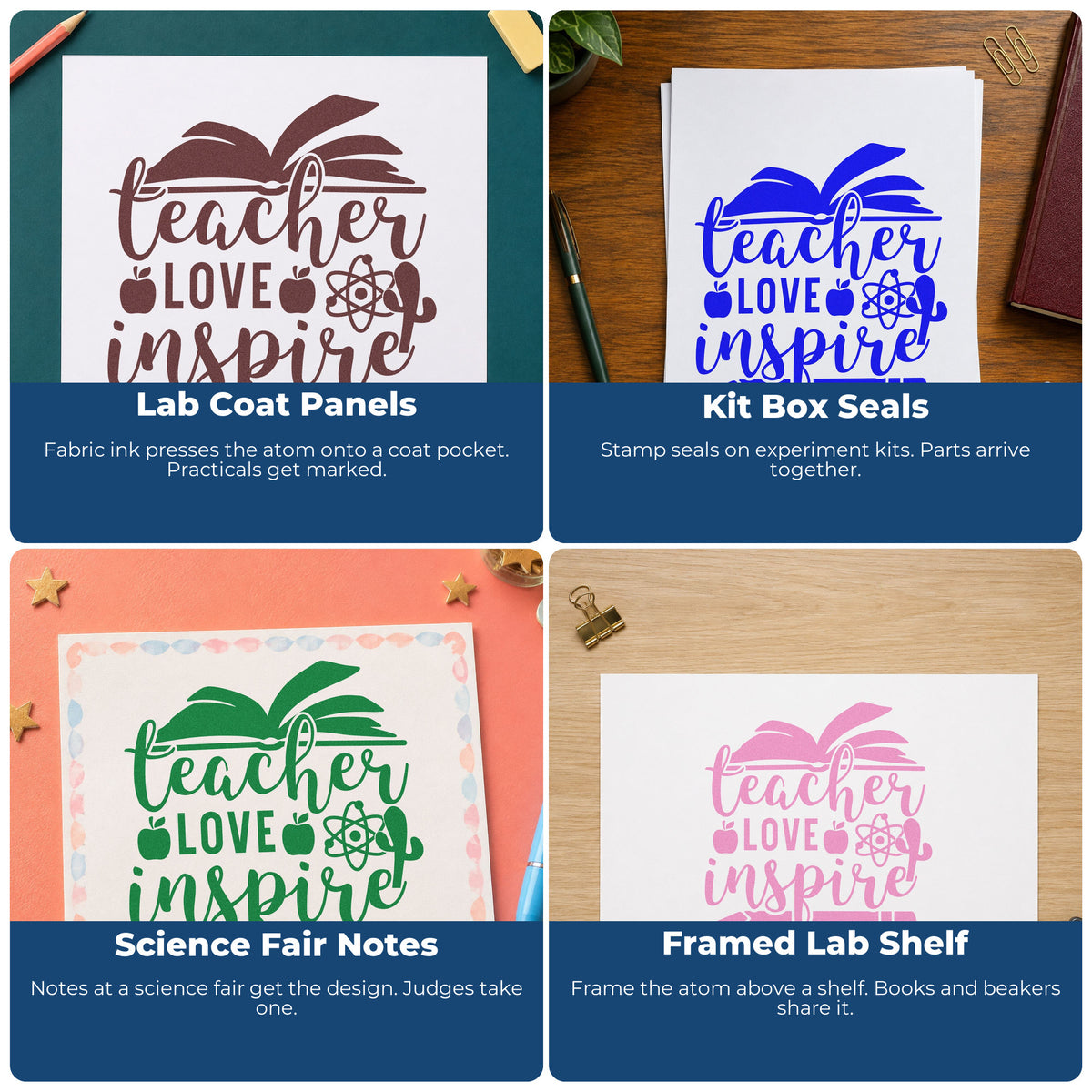 Teacher rubber stamps for classroom crafts, bulletin boards, SEL activities, and custom hall passes or student notes.