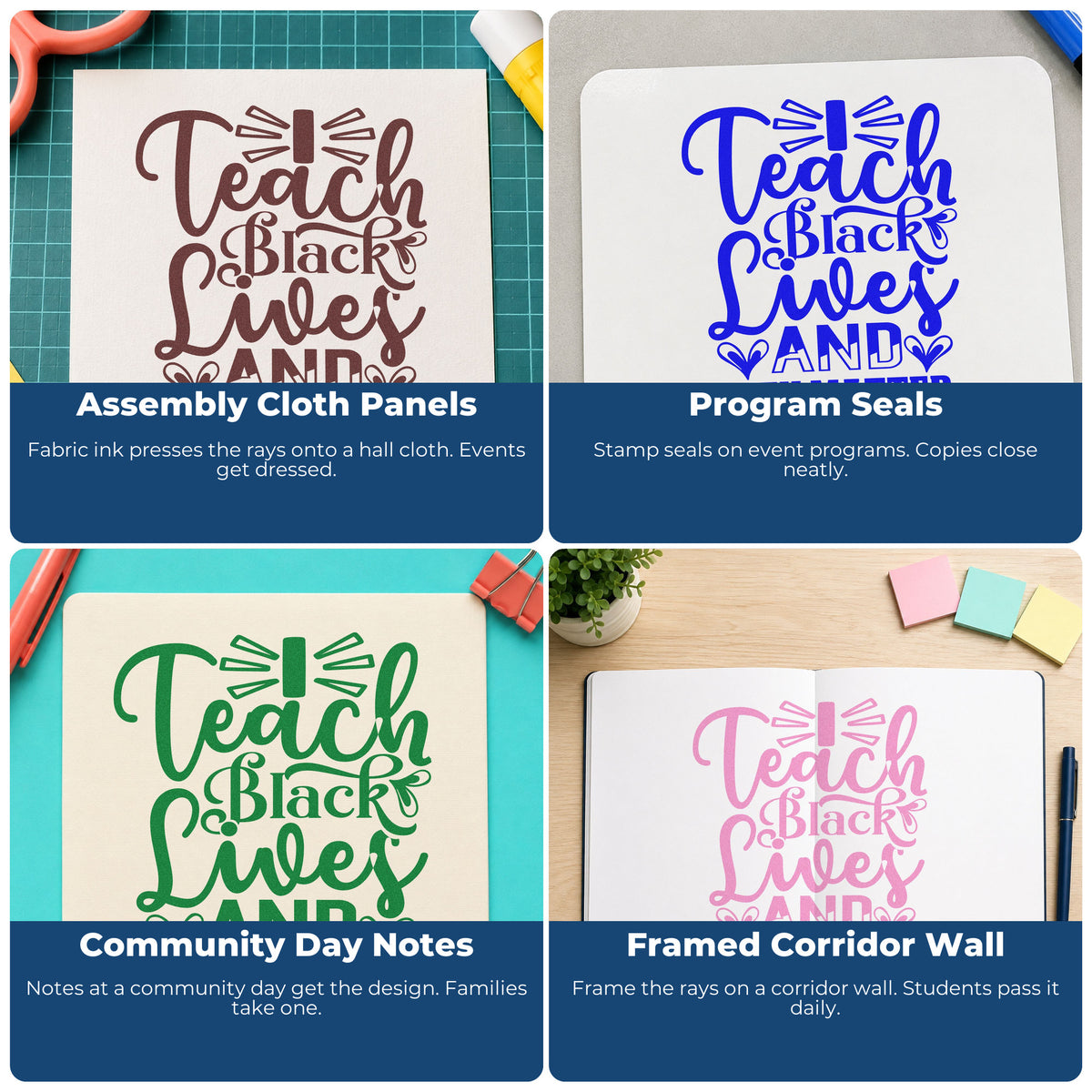 Four ways to use the Premium Wooden Teach Black Lives Matter Stamp - Vintage Pro: assembly cloth panels, program seals, community day notes and framed corridor wall.