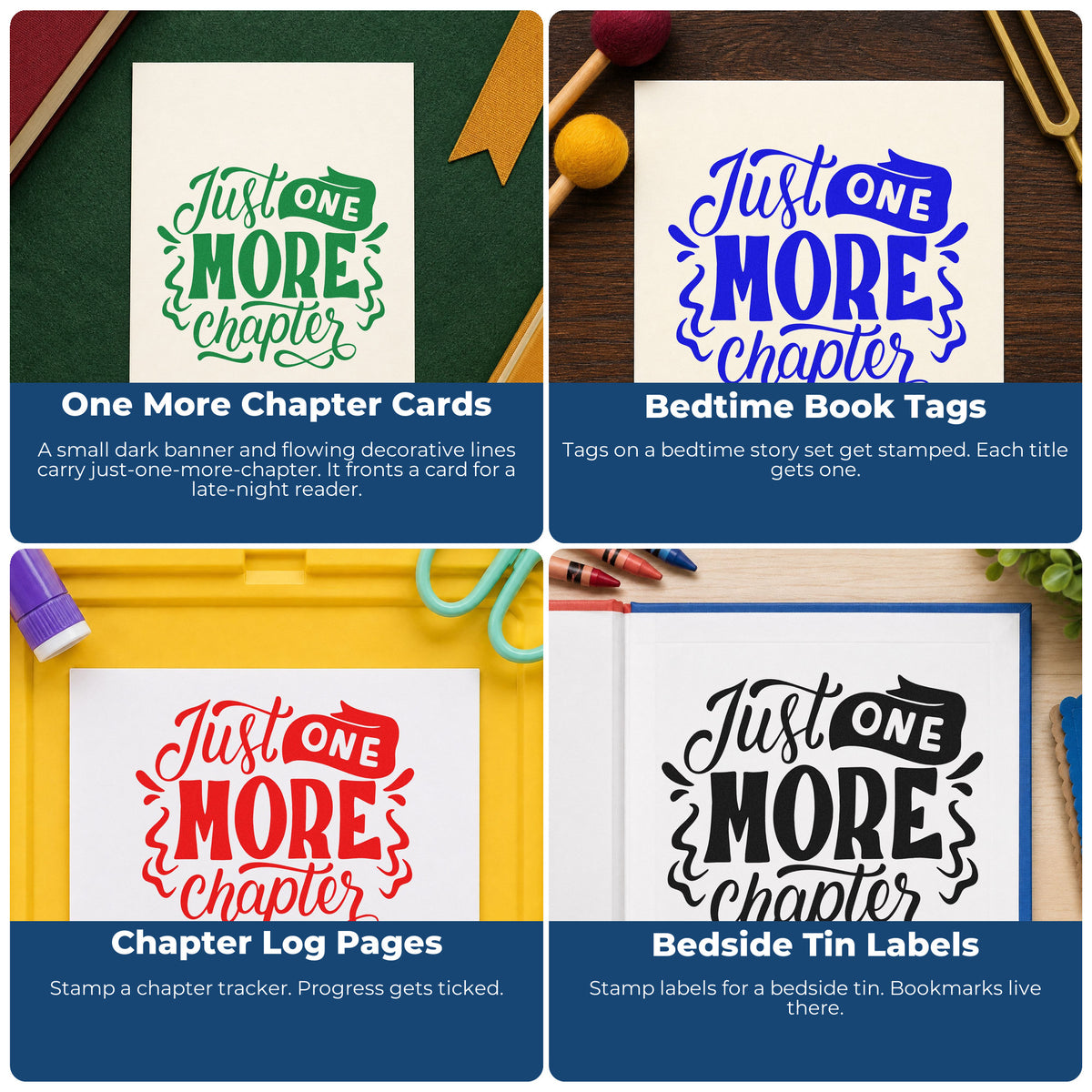Four ways to use the Just One More Chapter Pre-Inked Stamp – PSI: one more chapter cards, bedtime book tags, chapter log pages and bedside tin labels.