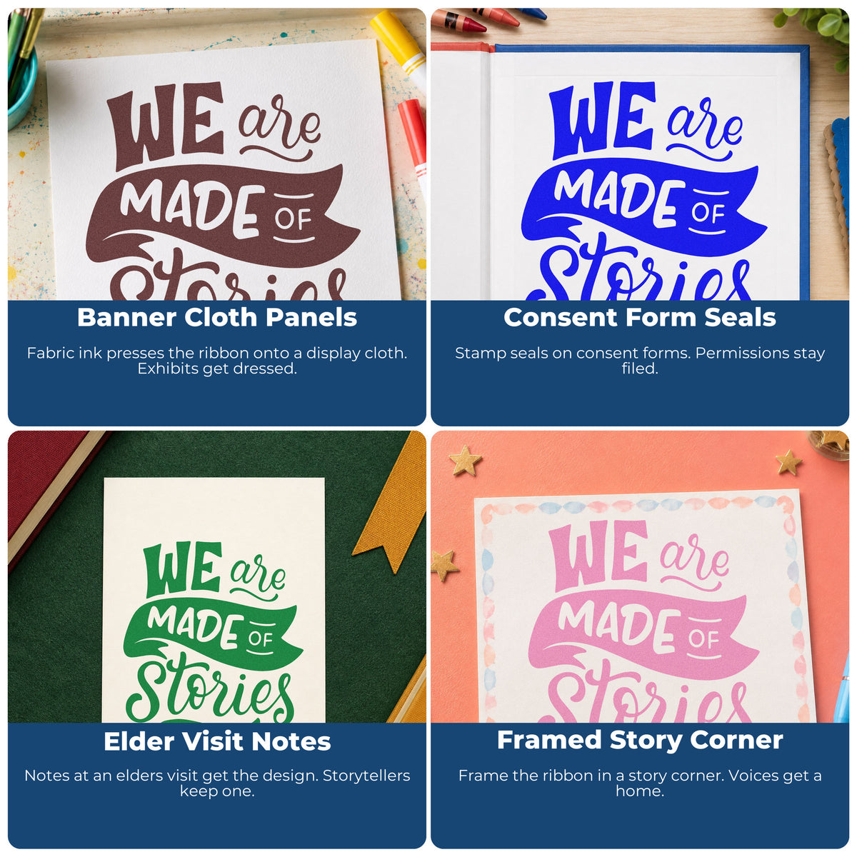 Four ways to use the We Are Made Of Stories Rubber Stamp – Duo Hand: banner cloth panels, consent form seals, elder visit notes and framed story corner.