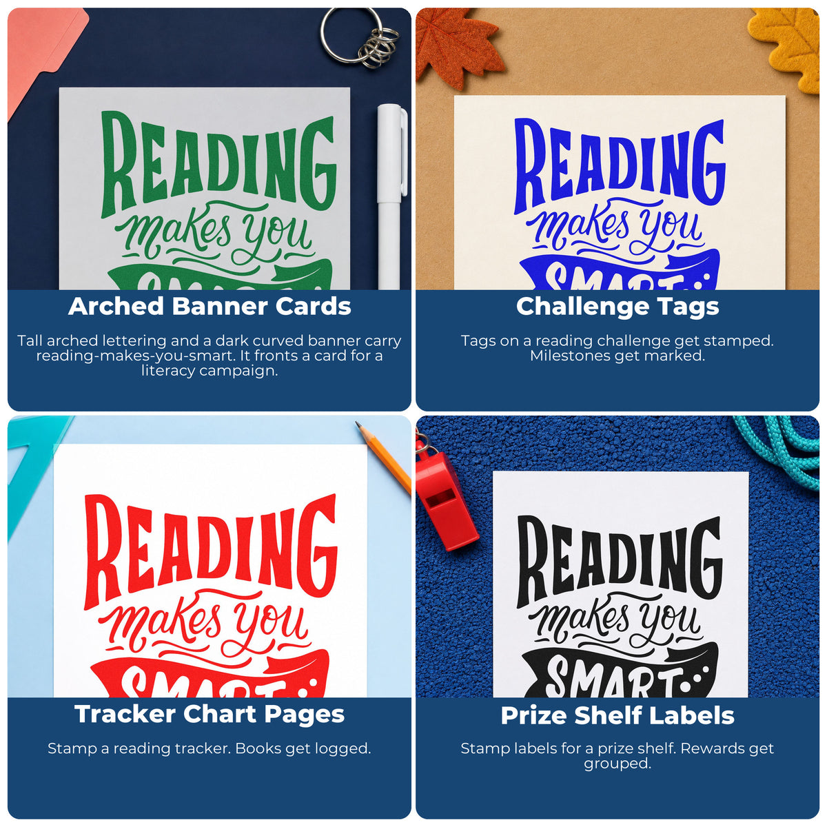 Four ways to use the Reading Makes You Smart Ribbon Lettering Duo Hand Stamp: arched banner cards, challenge tags, tracker chart pages and prize shelf labels.