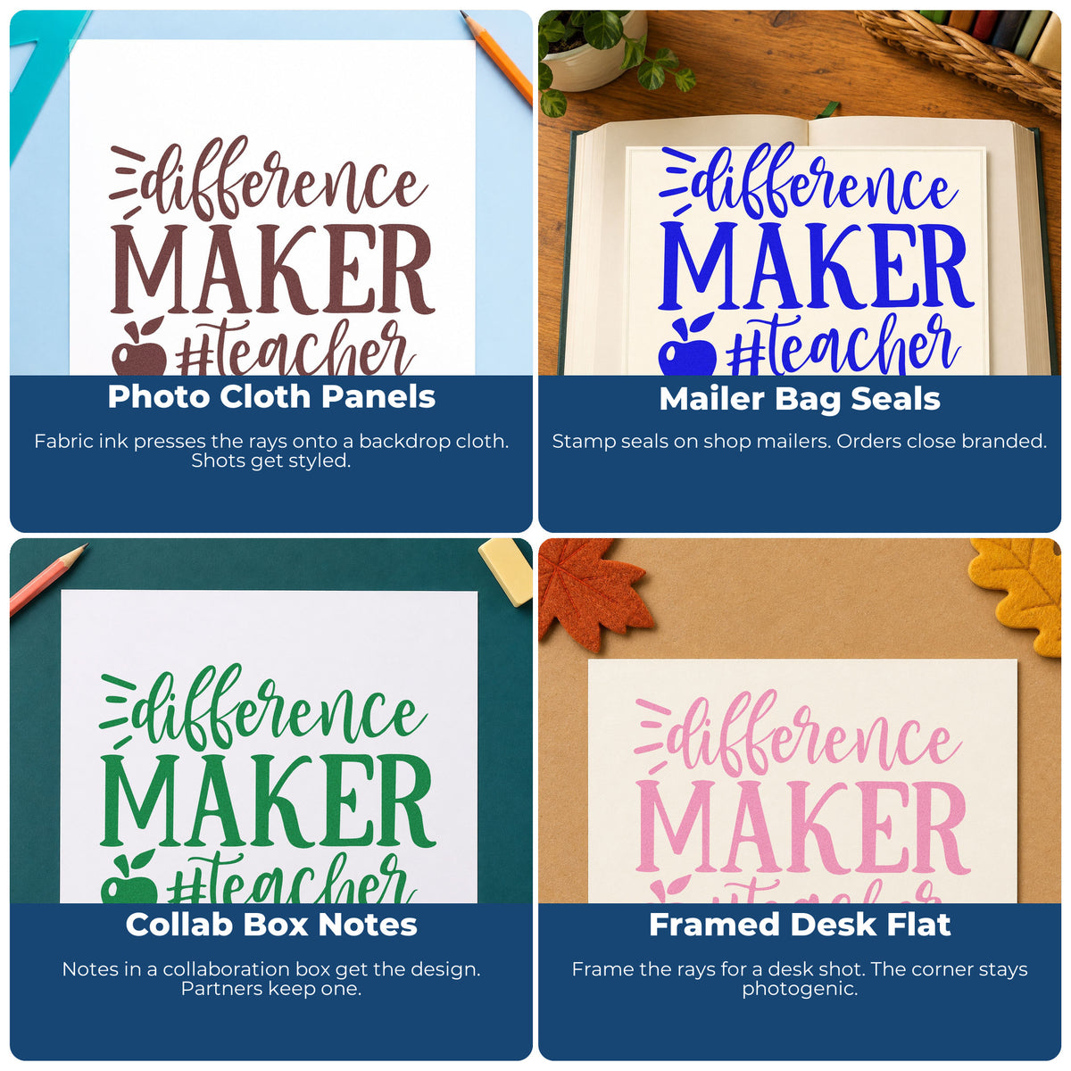Four ways to use the Teacher Difference Maker Apple Motif Slim Pre-Inked Stamp: photo cloth panels, mailer bag seals, collab box notes and framed desk flat.