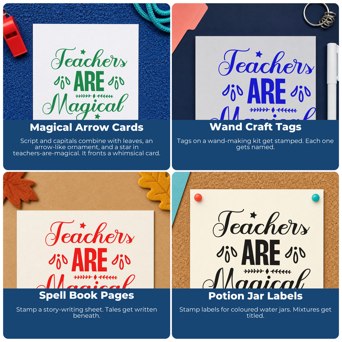 Four ways to use the Duo Hand Teachers Are Magical Rubber Stamp: magical arrow cards, wand craft tags, spell book pages and potion jar labels.