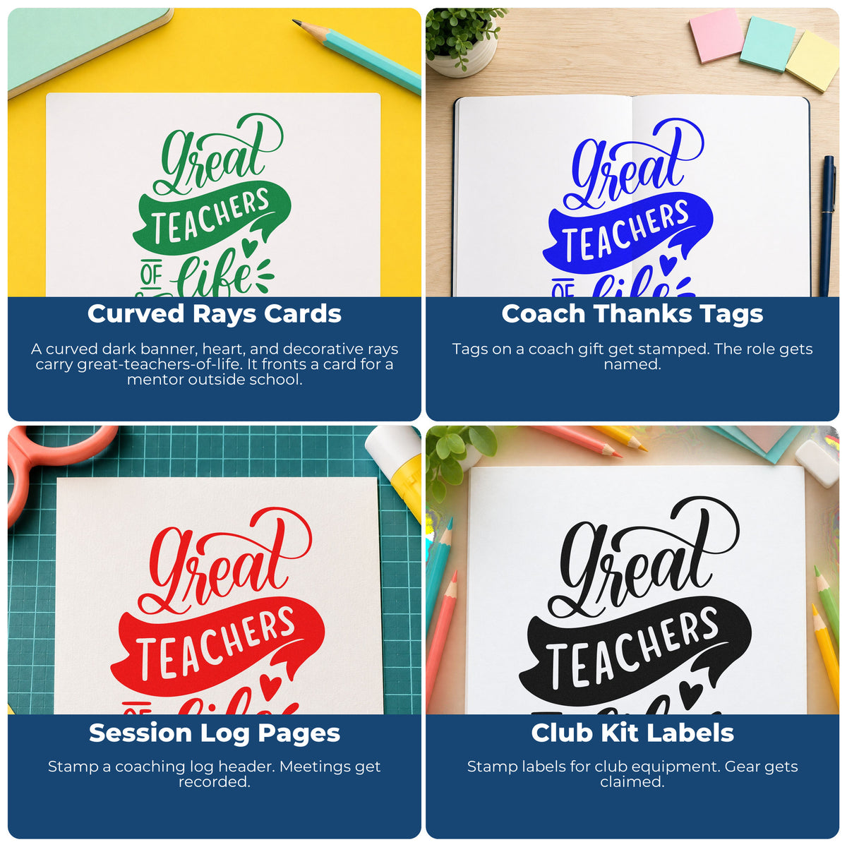 Teacher rubber stamps for grading feedback, parent communication, student rewards, and homework folders in classrooms.