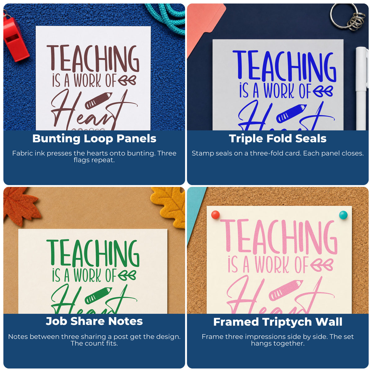 Teacher rubber stamps for classroom use, including art projects, bulletin boards, social-emotional learning, and hall passes.