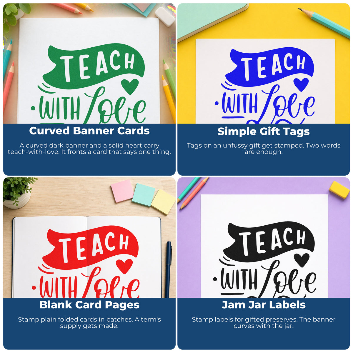 Teacher rubber stamps for grading, parent communication, student rewards, and homework folders for classroom use.