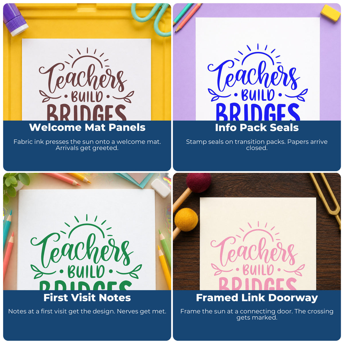 Four ways to use the Teachers Build Bridges Wood Handle Stamp: welcome mat panels, info pack seals, first visit notes and framed link doorway.