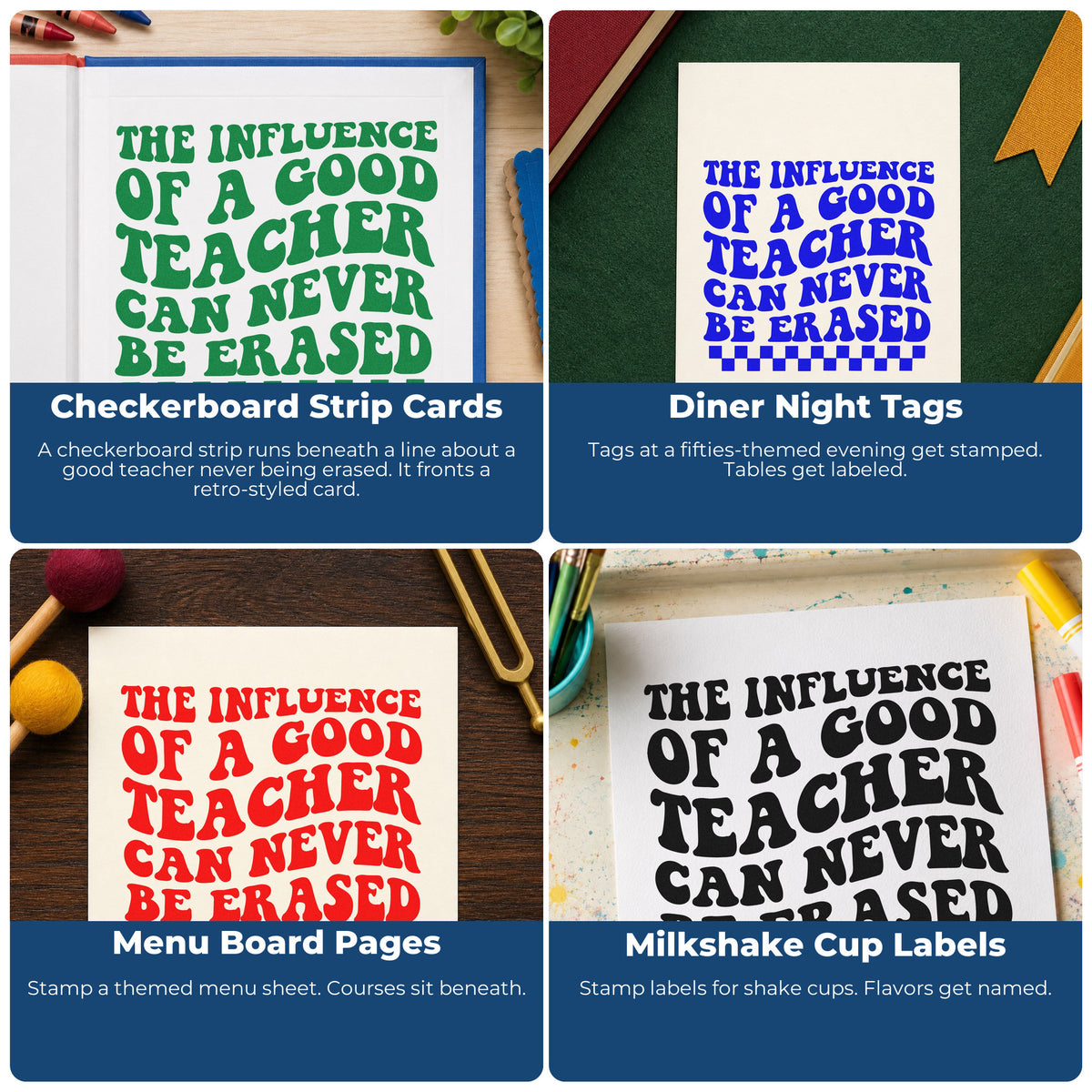 Classroom rubber stamps for teachers to grade work, communicate with parents, reward students, and organize homework folders.