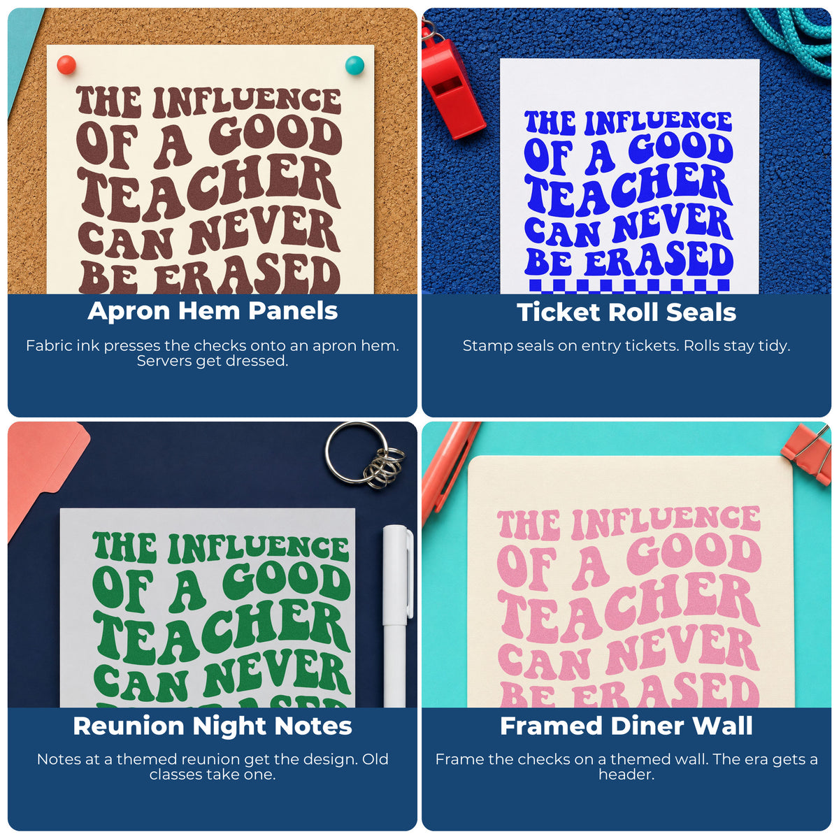 Collage of custom classroom rubber stamps for teacher crafts, bulletin boards, social-emotional learning, and personalized hall passes.