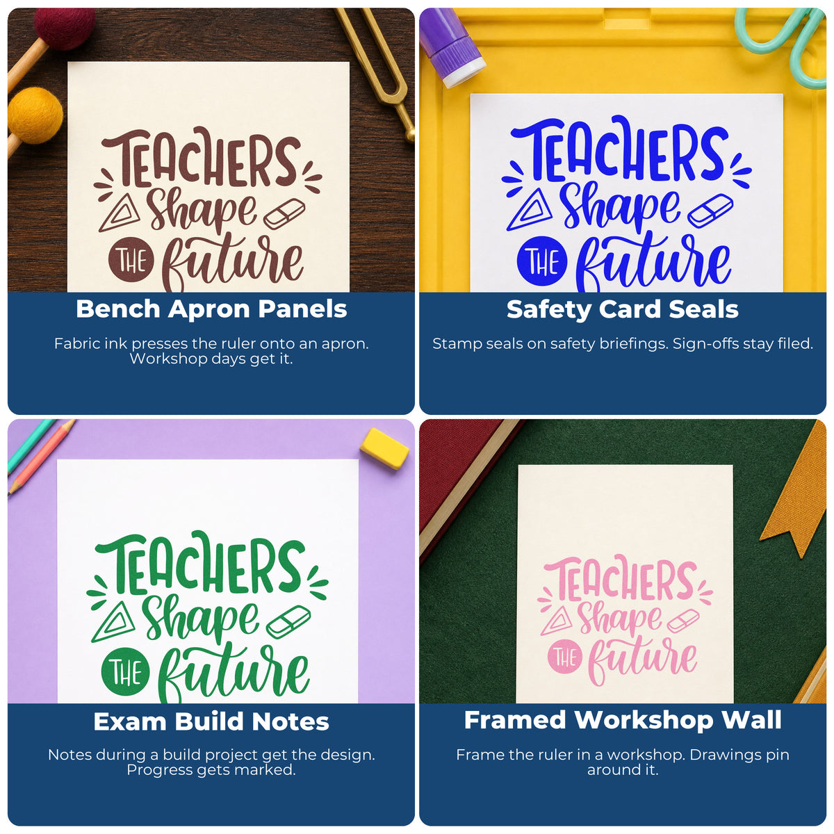 Educational rubber stamp ideas for teachers, including classroom crafts, bulletin boards, SEL activities, and hall pass notes.