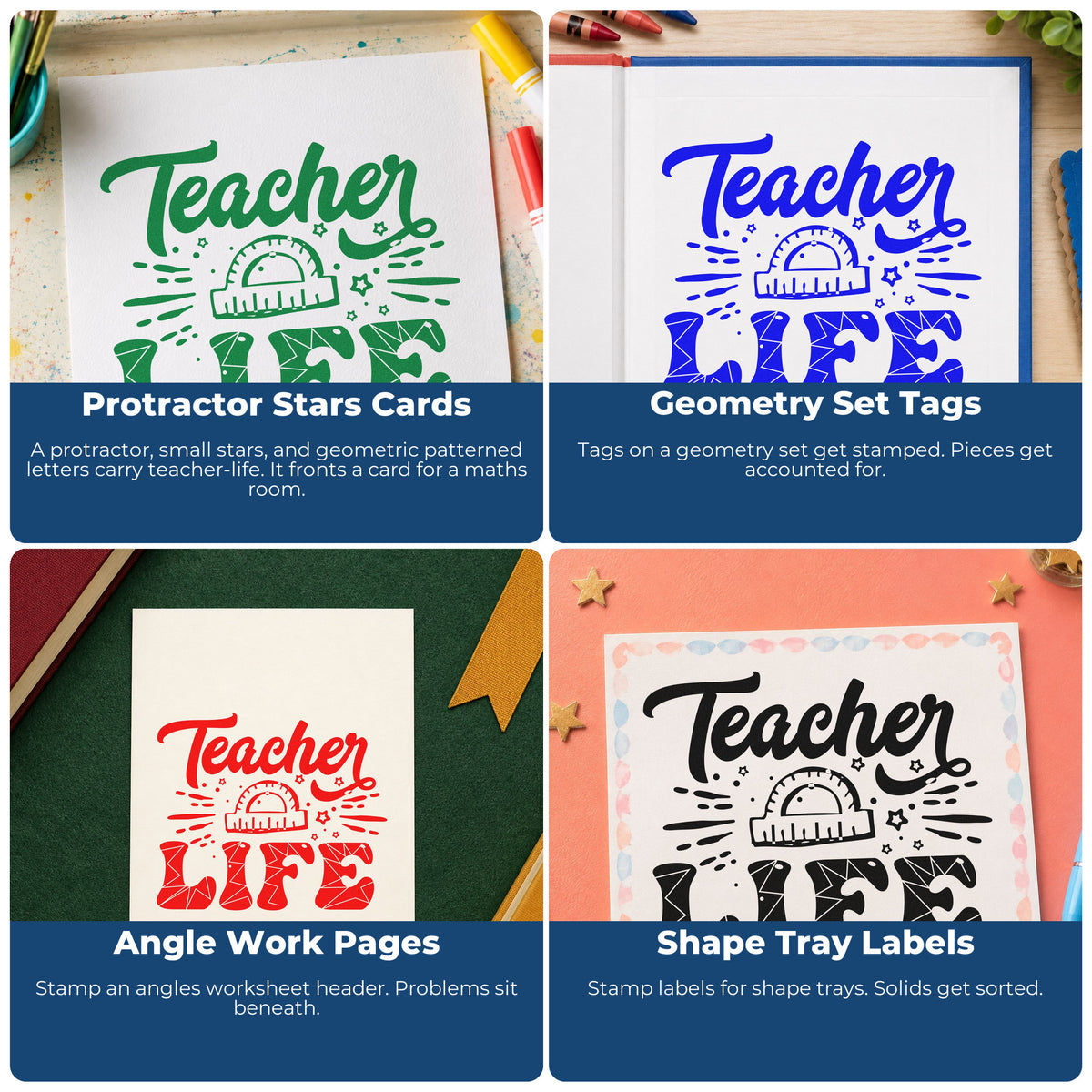 Four ways to use the Teacher Life Geometry Pattern With Stars Craft Stamp – Self-Inking: protractor stars cards, geometry set tags, angle work pages and shape tray labels.