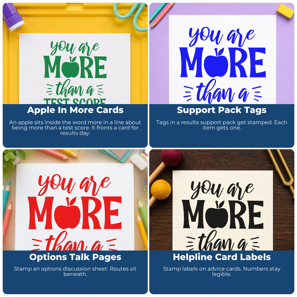 Four ways to use the More Than A Test Score PSI Pre-Inked Stamp: apple in more cards, support pack tags, options talk pages and helpline card labels.
