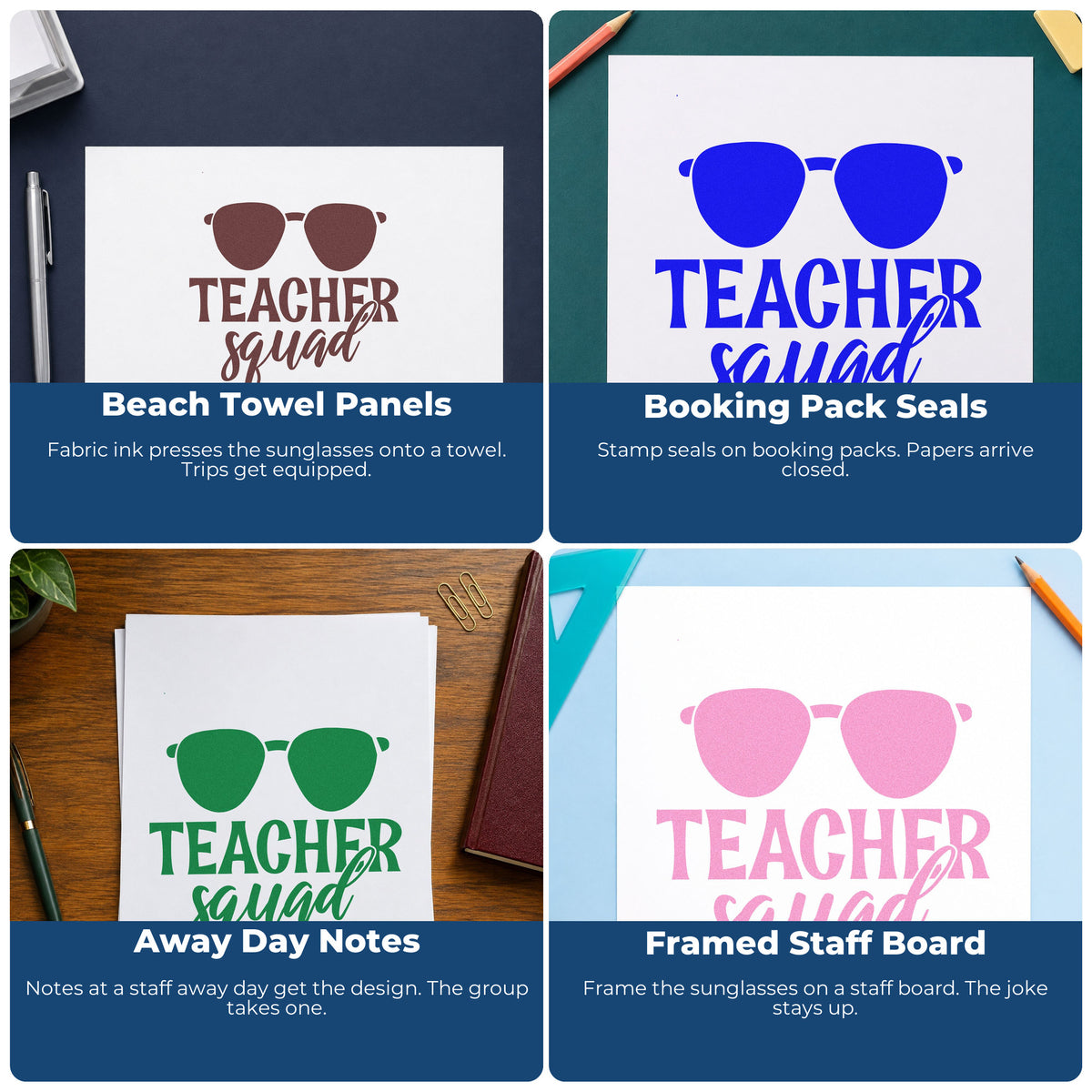 Teacher rubber stamp collage showing classroom uses for art projects, bulletin boards, social-emotional learning, and hall passes.