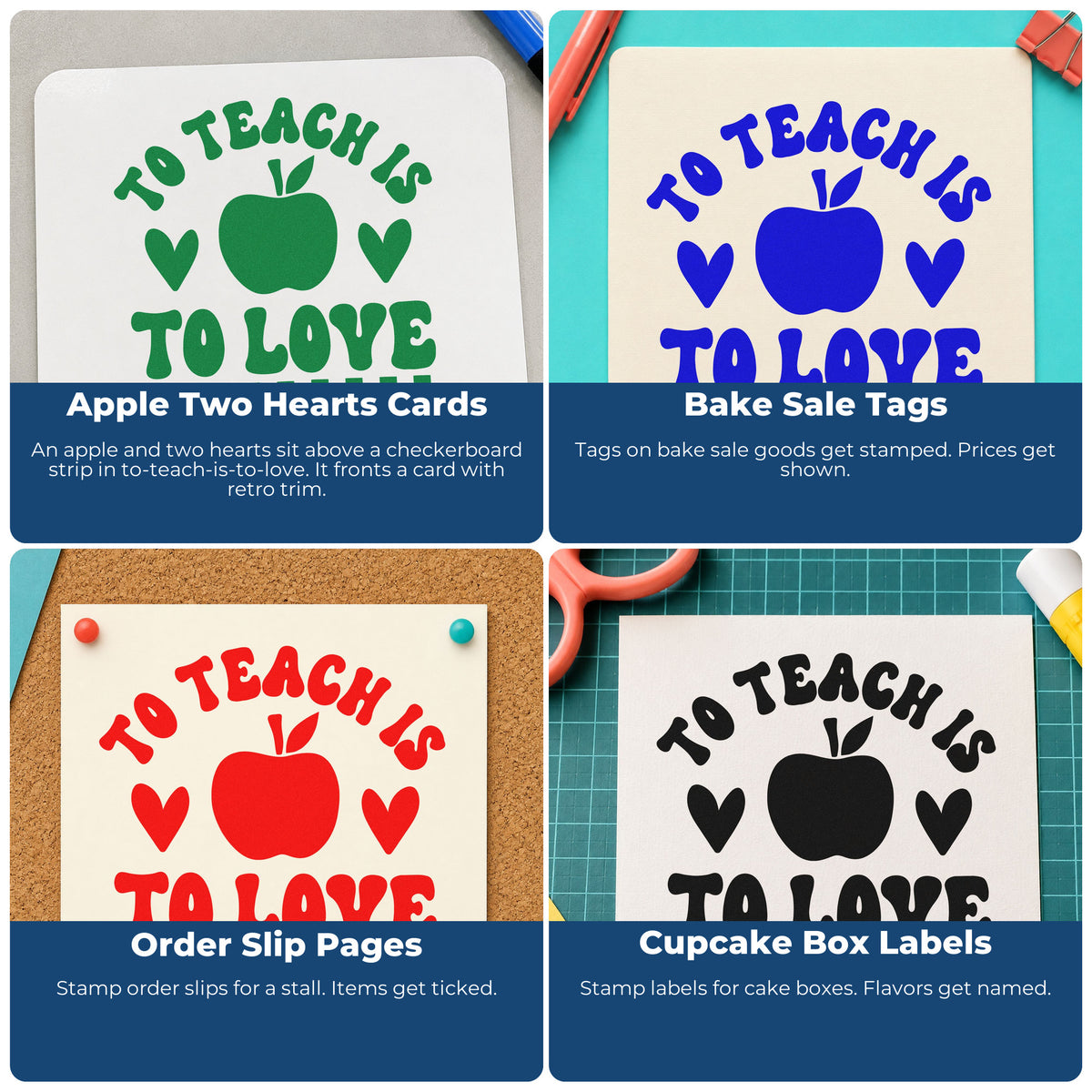 Teacher rubber stamps for grading, parent communication, student rewards, and homework folders with classroom messages.