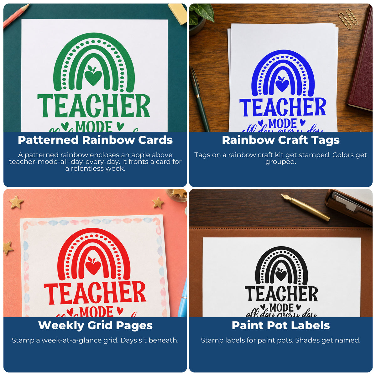 Teacher rubber stamps for grading, parent notes, student rewards, and homework folders to speed classroom feedback and communication.