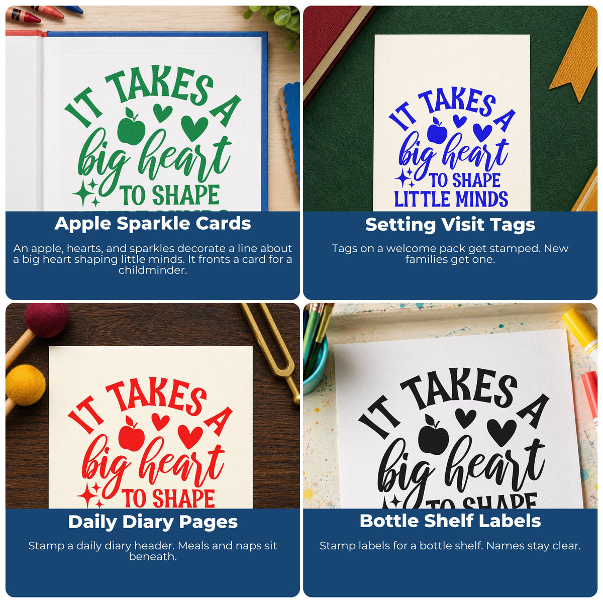 Four ways to use the Big Heart Shape Little Minds Stamp – Self-Inking: apple sparkle cards, setting visit tags, daily diary pages and bottle shelf labels.
