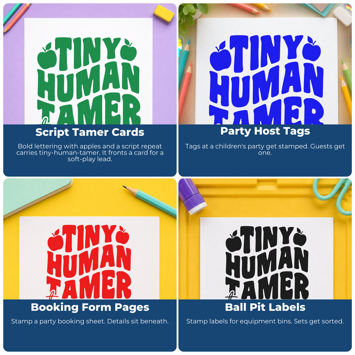 Four ways to use the Duo Hand Tiny Human Tamer Apples Rubber Stamp: script tamer cards, party host tags, booking form pages and ball pit labels.
