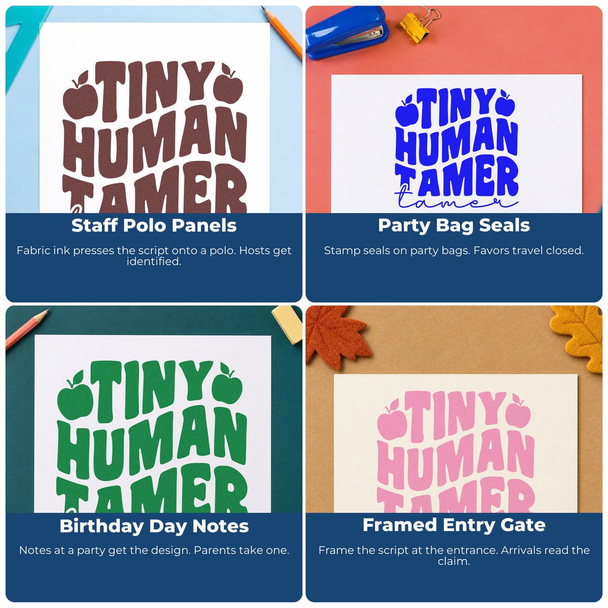 Four ways to use the Tiny Human Tamer Apples Stamp – PSI Pre-Inked: staff polo panels, party bag seals, birthday day notes and framed entry gate.