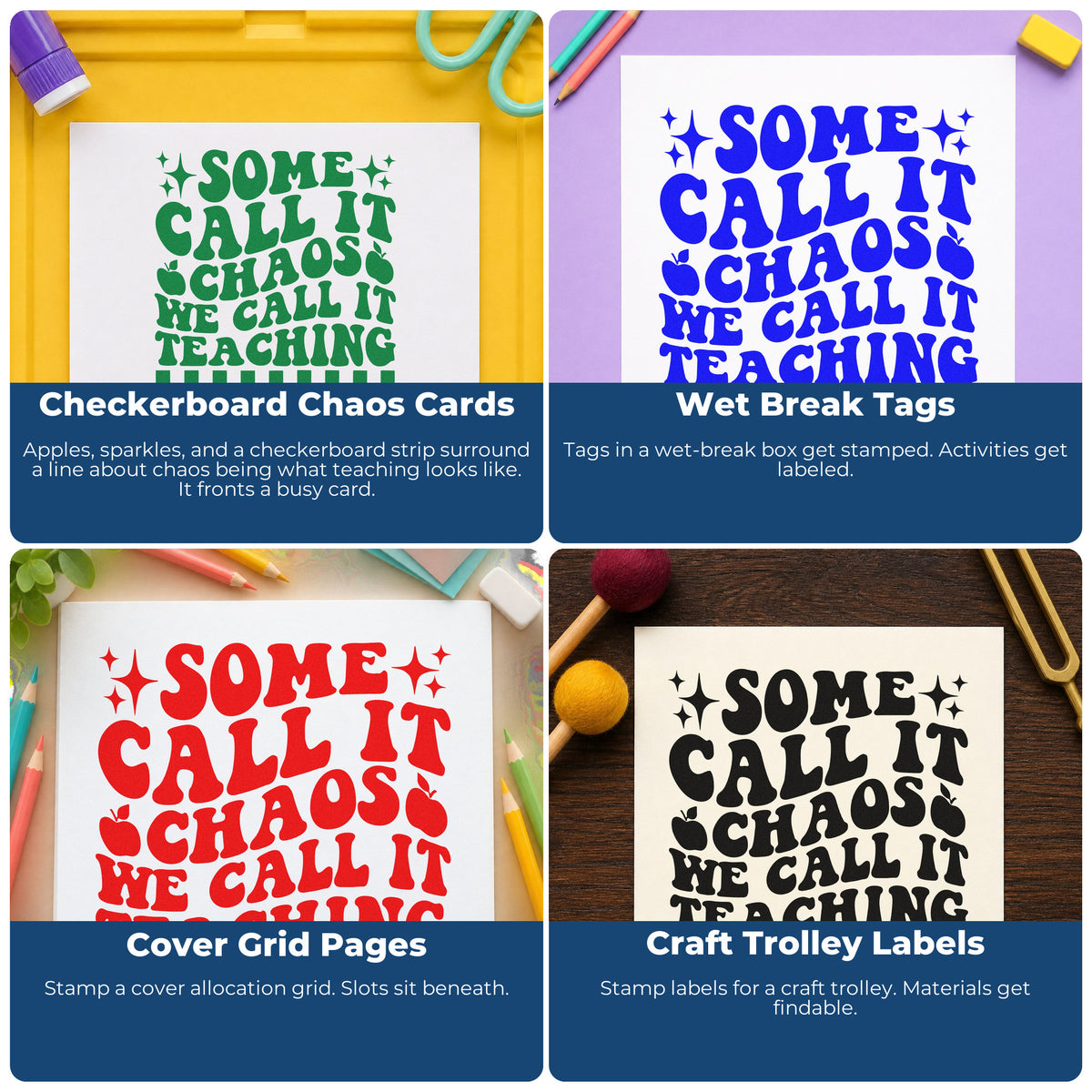 Four ways to use the PSI Pre-Inked Some Call It Chaos We Call It Teaching Stamp: checkerboard chaos cards, wet break tags, cover grid pages and craft trolley labels.
