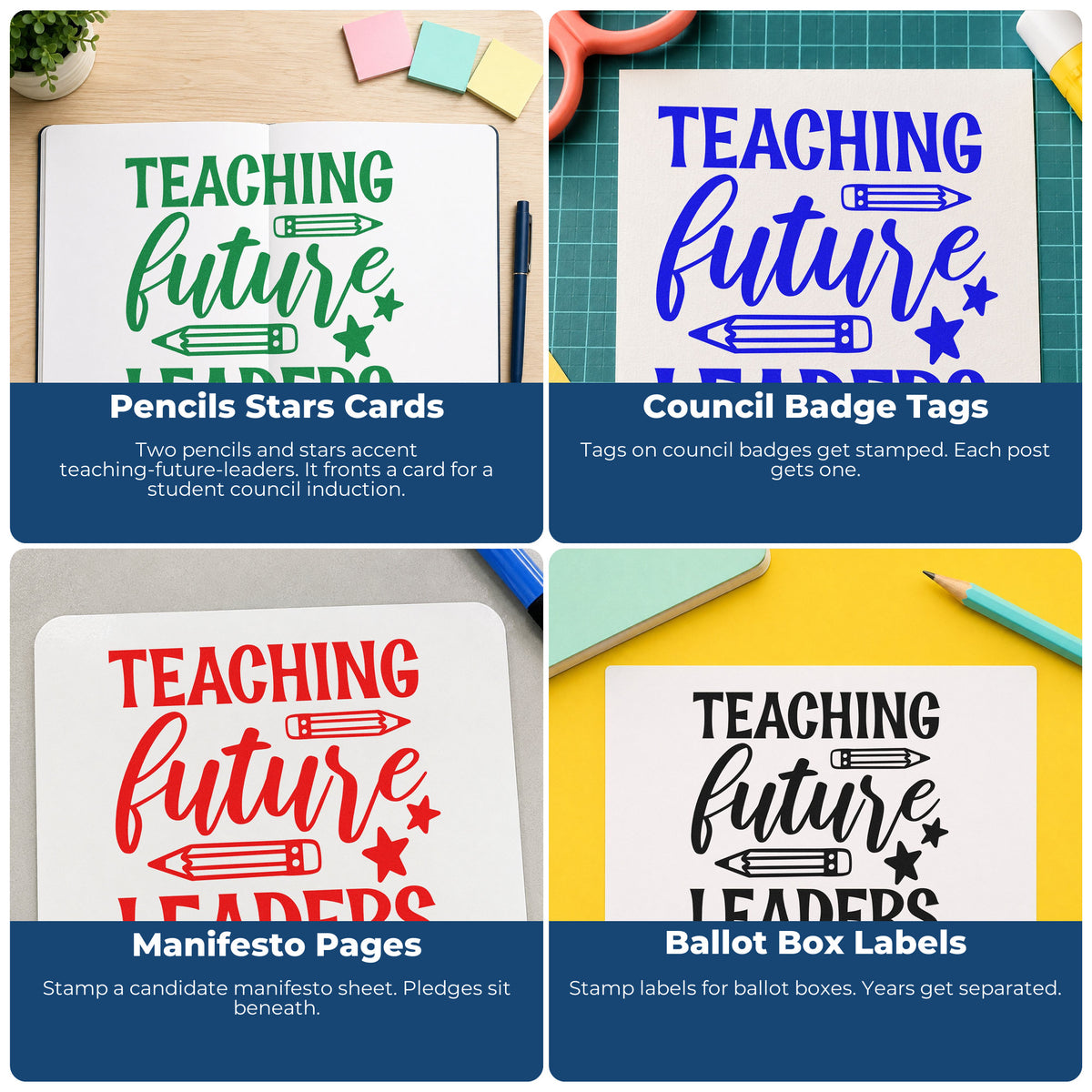 Educational rubber stamp ideas for grading feedback, parent communication, student rewards, and homework folder reminders.