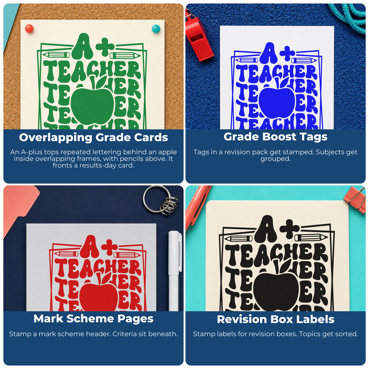 Four ways to use the A Plus Teacher Repeated Framed Lettering Wood-Mounted Rubber Stamp: overlapping grade cards, grade boost tags, mark scheme pages and revision box labels.