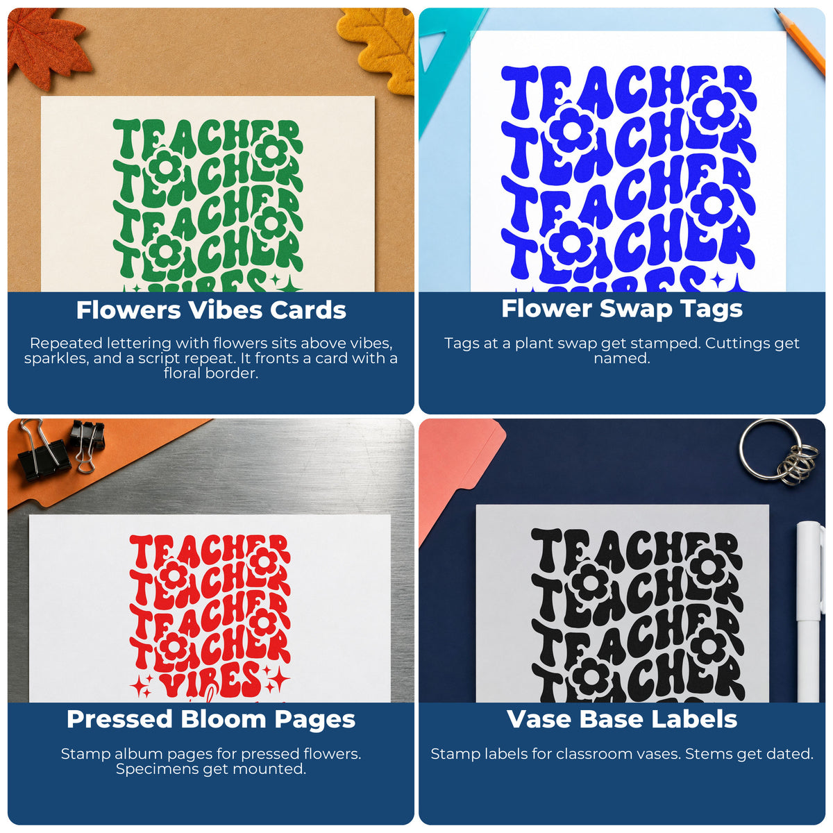 Four ways to use the Teacher Vibes Repeated Flowers With Sparkles Hand Stamp – Duo: flowers vibes cards, flower swap tags, pressed bloom pages and vase base labels.