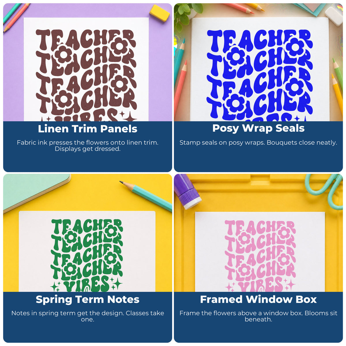 Four ways to use the Teacher Vibes Repeated Flowers With Sparkles Hand Stamp – Duo: linen trim panels, posy wrap seals, spring term notes and framed window box.