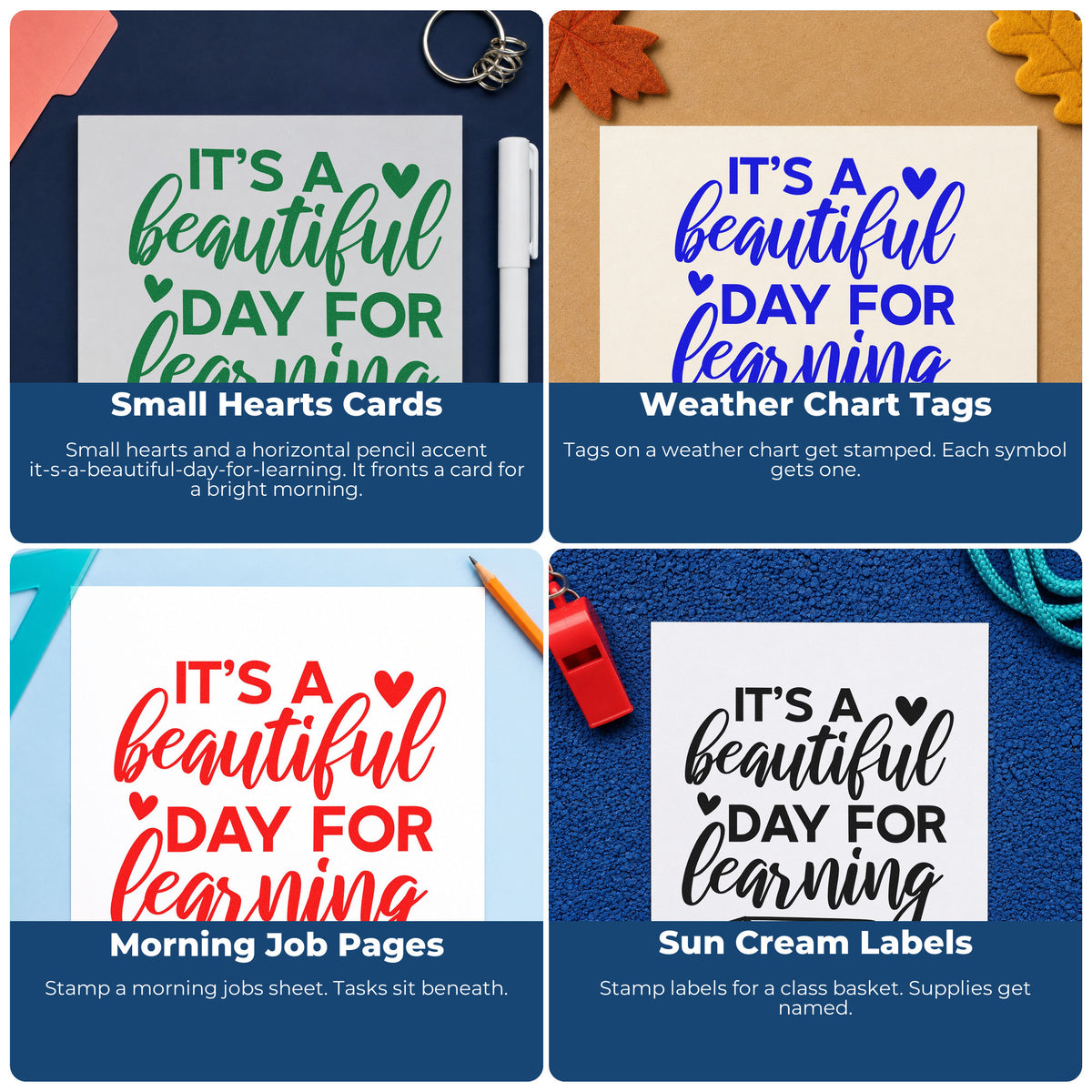 Teacher rubber stamp ideas for grading feedback, parent communication, student rewards, and homework folders.