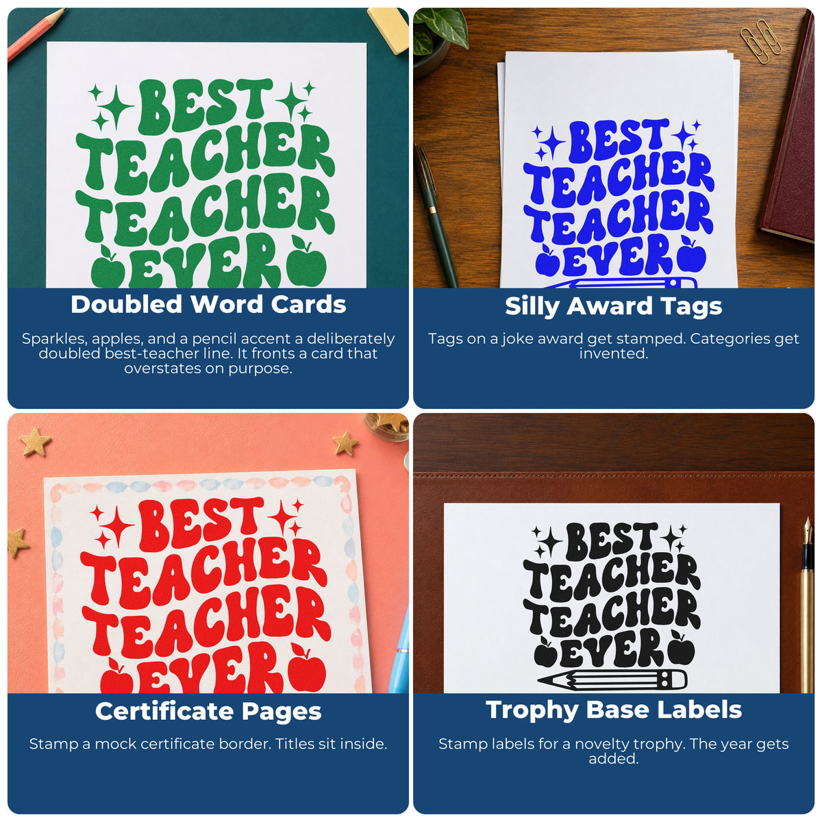 Teacher rubber stamps for grading, parent communication, student rewards, and homework folder reminders in the classroom.