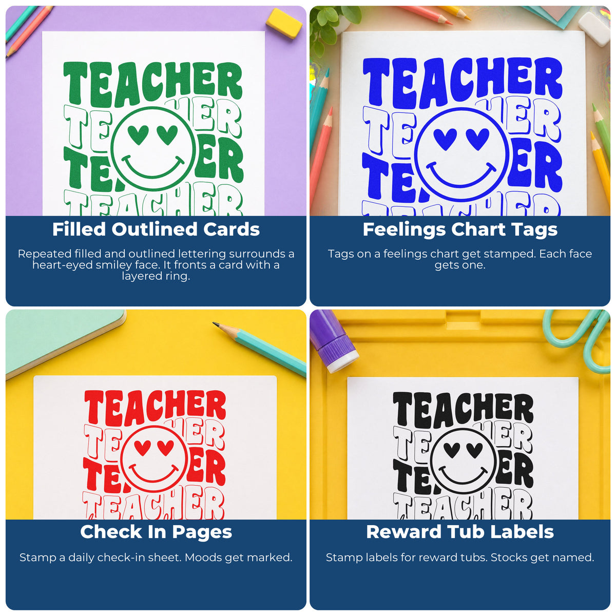 Four ways to use the Teacher Repeated Heart Eyed Smile Stamp - Premium Vintage Pro Wooden: filled outlined cards, feelings chart tags, check in pages and reward tub labels.