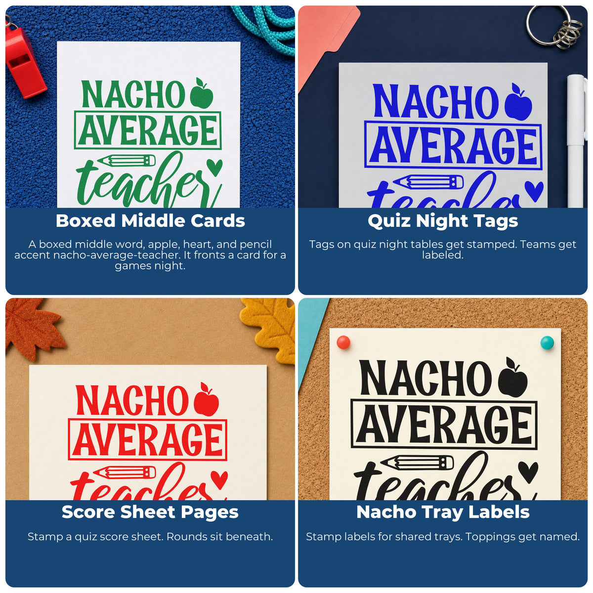 Classroom rubber stamps for grading, parent communication, student rewards, and homework folders with motivational phrases.