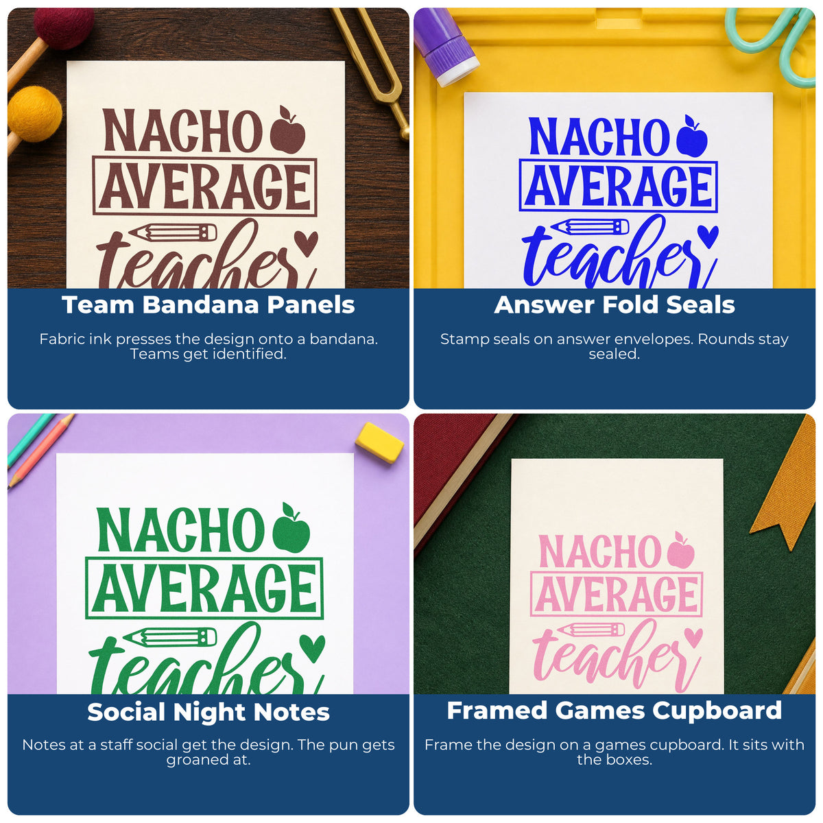 Teacher rubber stamps for classroom use, including art projects, bulletin boards, SEL activities, and hall passes.