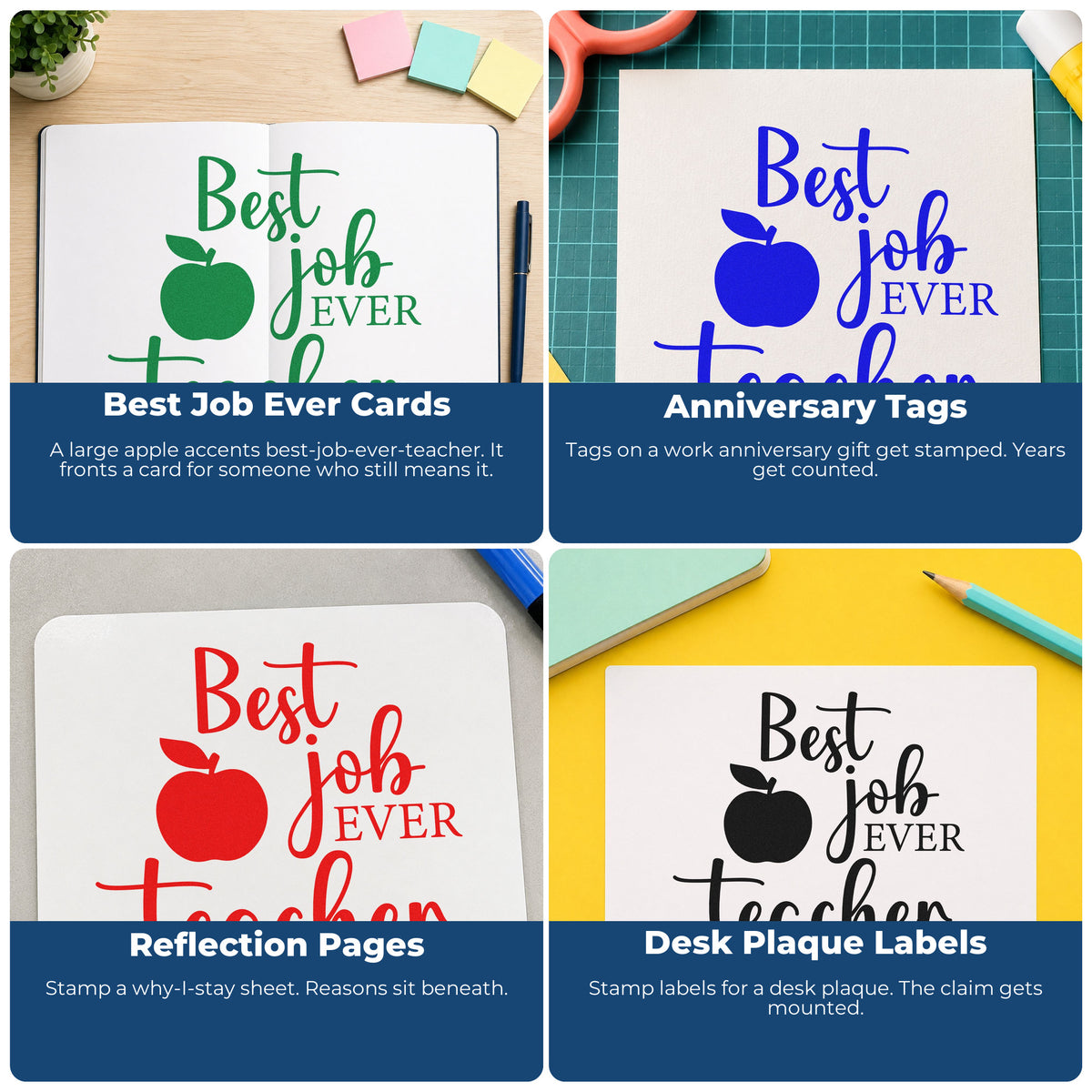Teacher rubber stamps for grading, parent notes, student rewards, and homework folders with motivational classroom phrases.