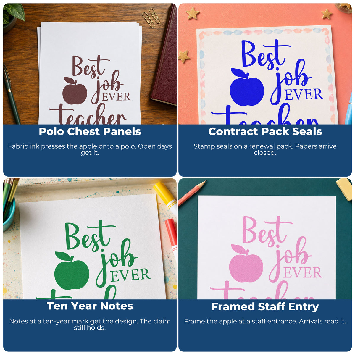 Teacher rubber stamp designs for classroom crafts, bulletin boards, SEL activities, and hall passes with fun phrases.
