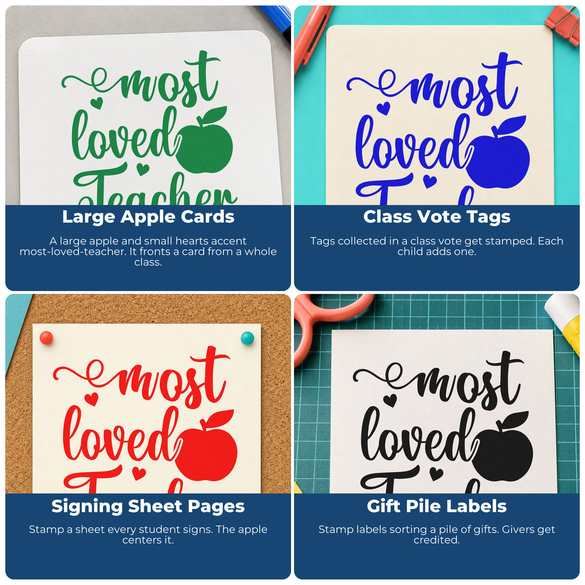 Teacher rubber stamps collage for grading feedback, parent communication, student rewards, and homework folder reminders.