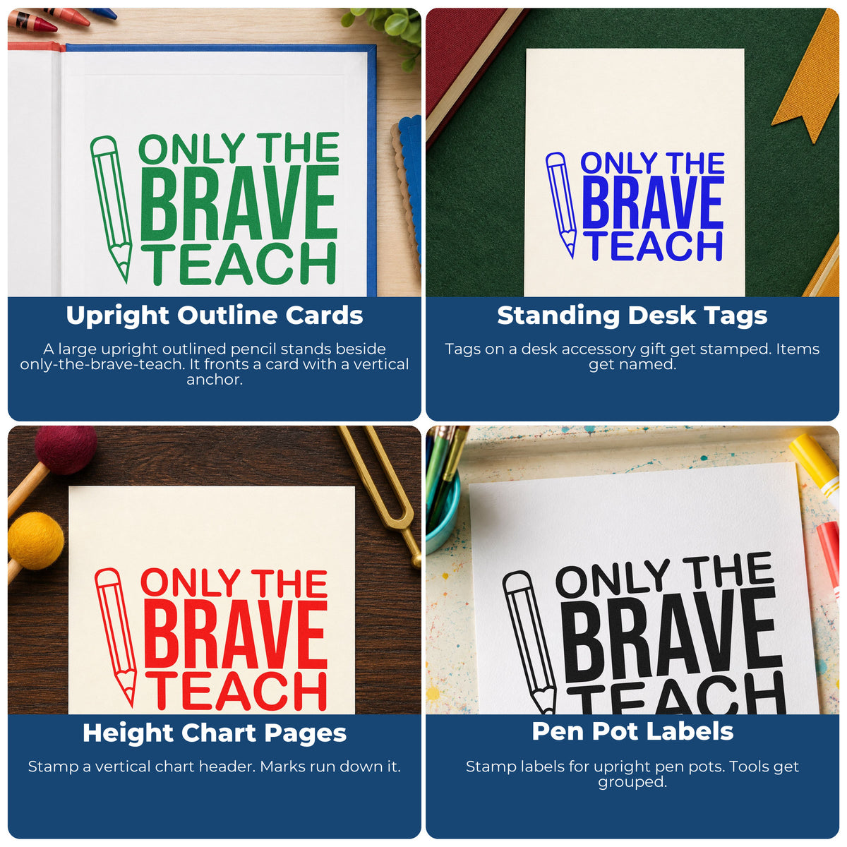 Four ways to use the Only Brave Teach Upright Pencil Outline Detail Hand Stamp – Duo: upright outline cards, standing desk tags, height chart pages and pen pot labels.