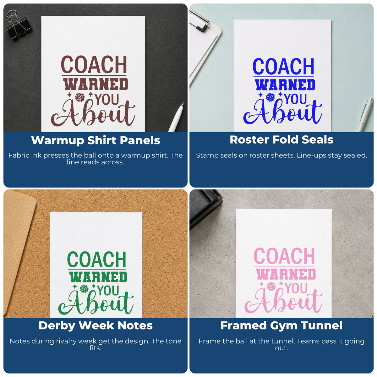 Volleyball rubber stamp designs for planners, flyers, crafts, and handmade packaging: Loud Mouth, My Heart Is On The Court, Dad, Coach.