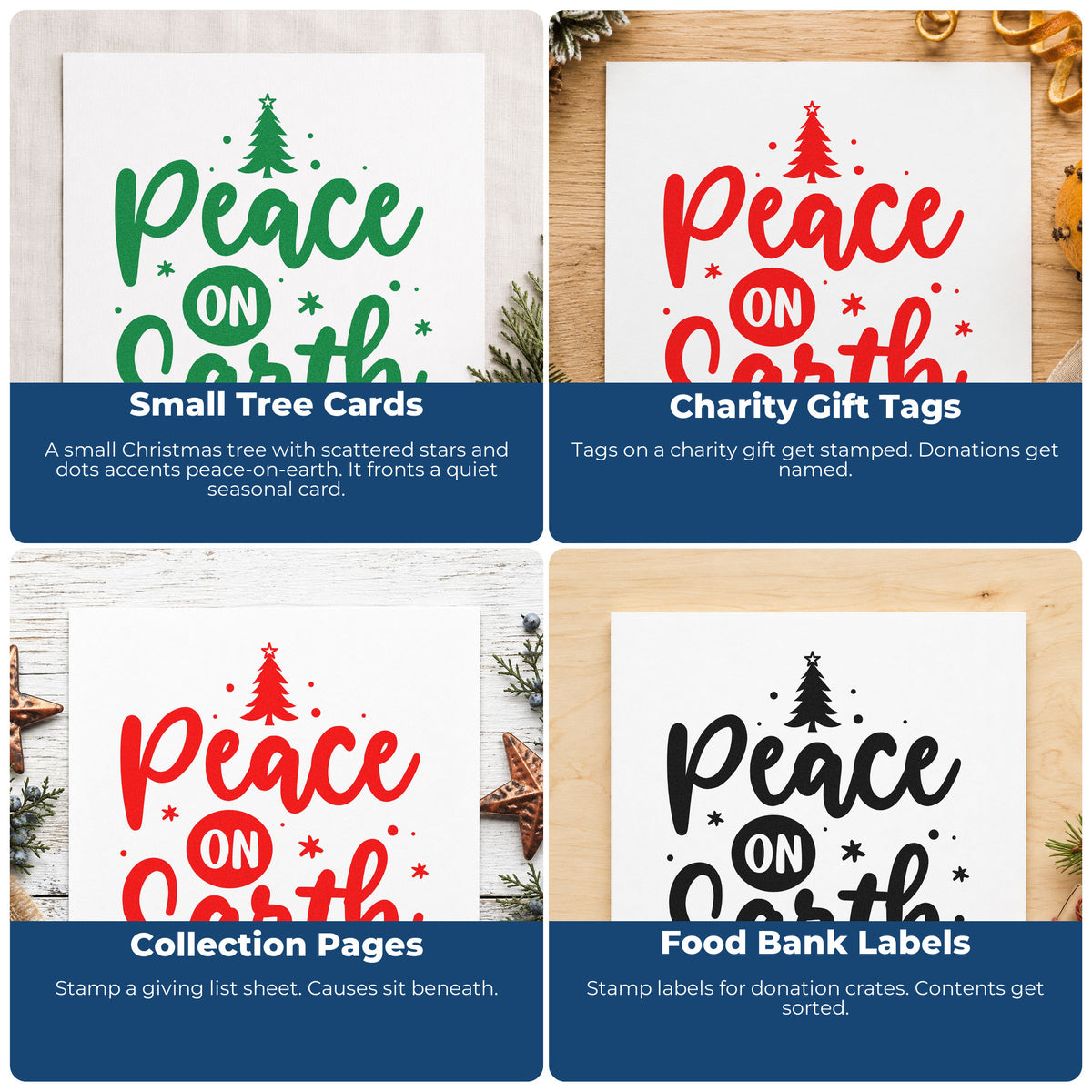 Four ways to use the Peace On Earth Tree Pre-Inked Stamp – PSI: small tree cards, charity gift tags, collection pages and food bank labels.