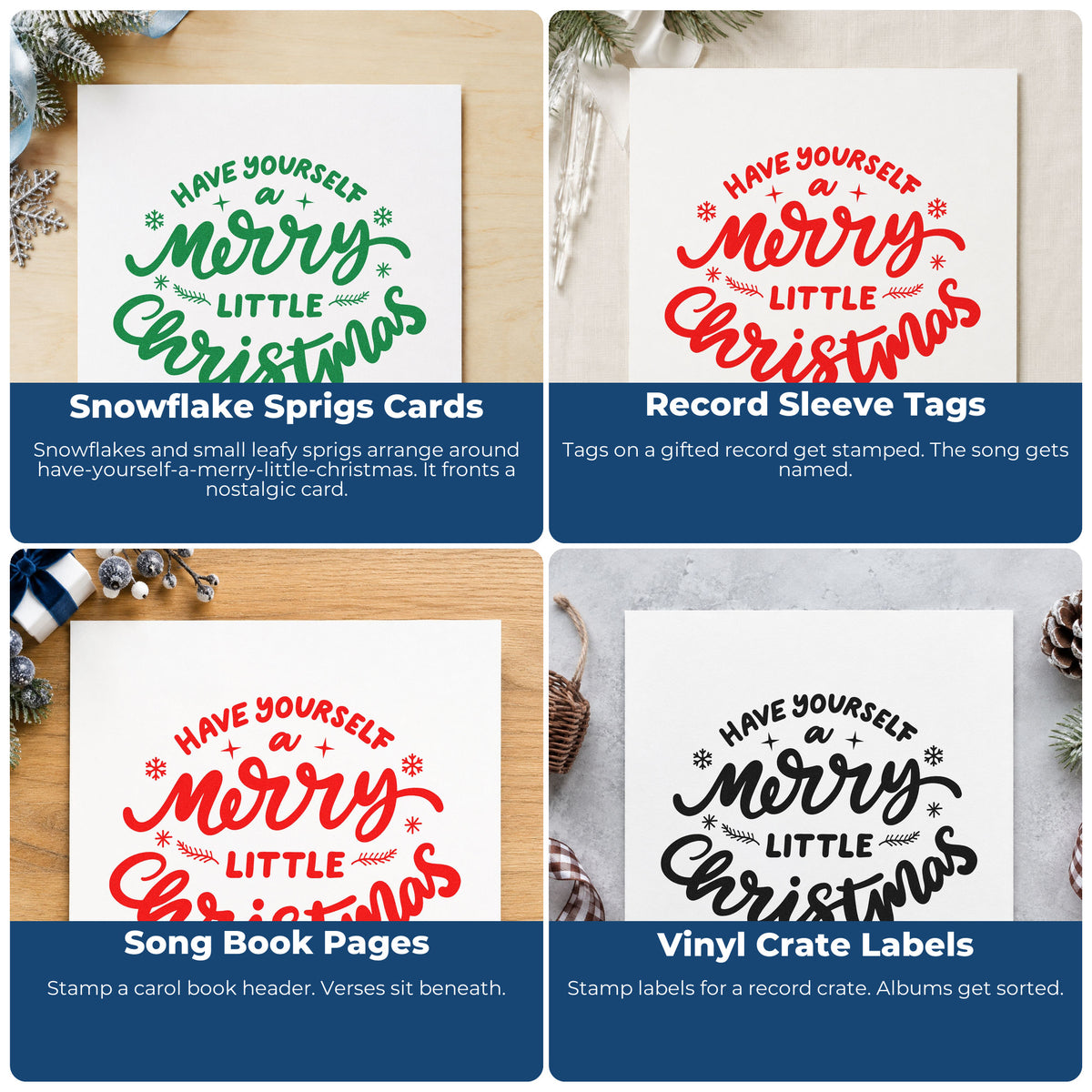 Christmas rubber stamp ideas for gift wrap, holiday cards, advent calendars, and ornaments with festive DIY designs.