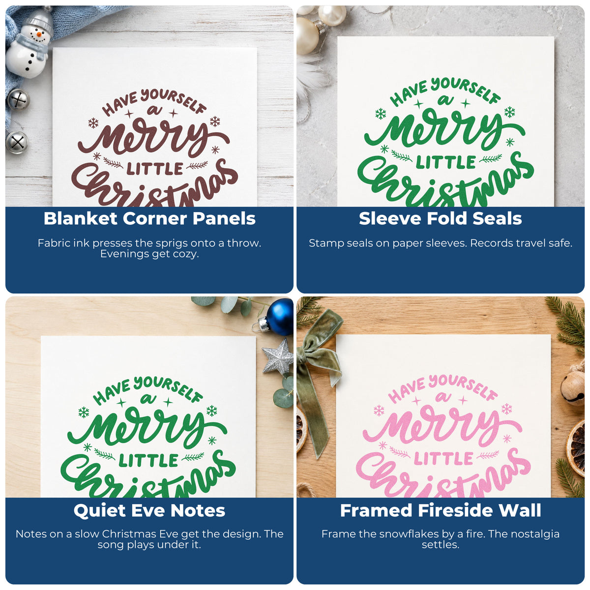 Christmas rubber stamp designs for envelopes, cookie labels, scrapbooks, and DIY candles with festive lettering.