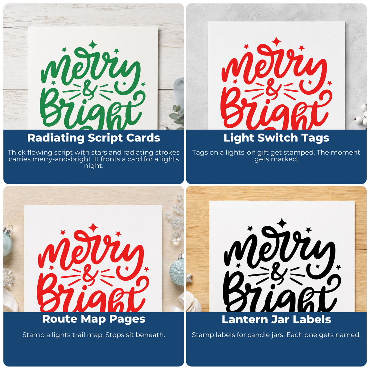Christmas rubber stamps for wrapping paper, greeting cards, advent calendars, and ornaments with festive holiday designs.