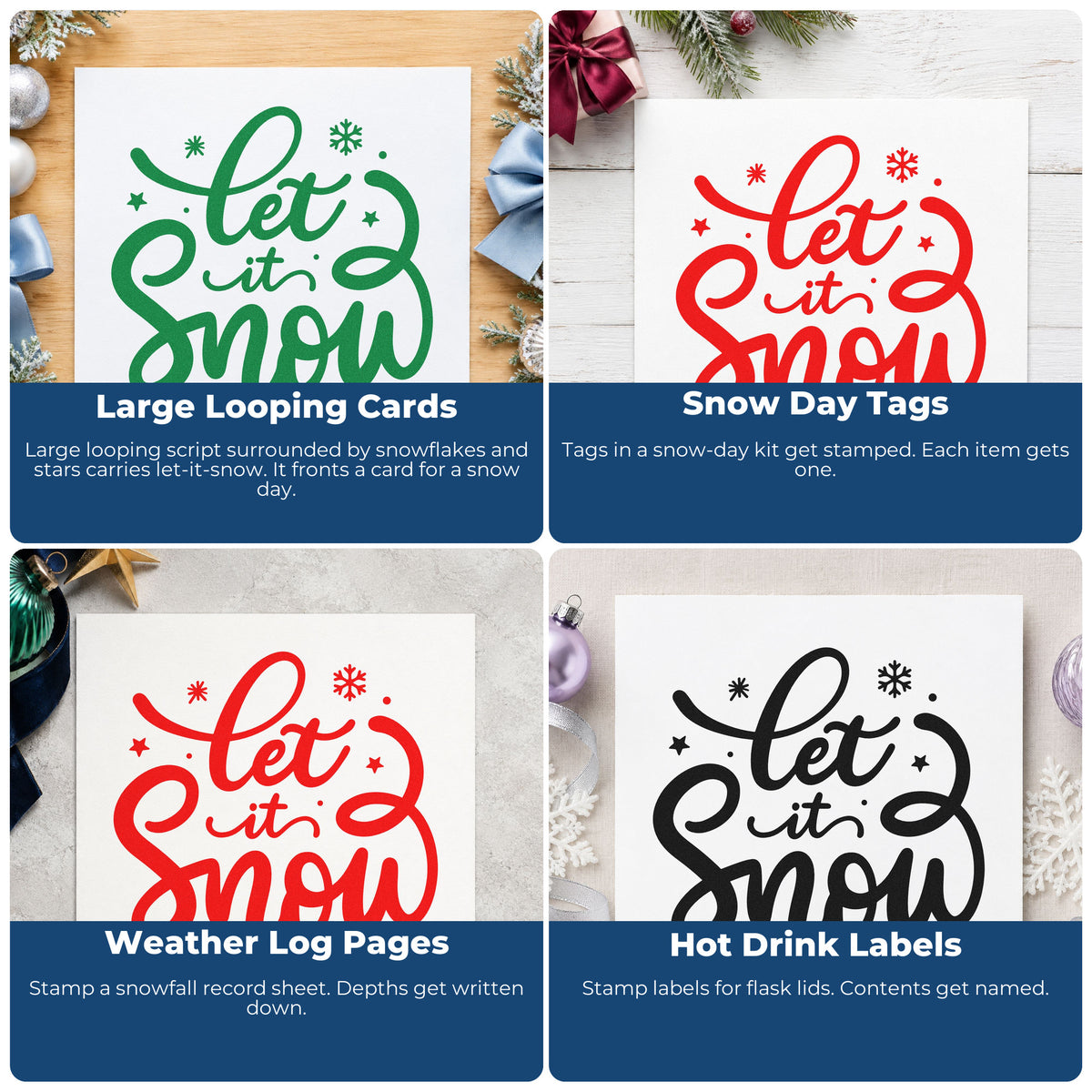 Four ways to use the Let It Snow Script Slim Pre-Inked Stamp: large looping cards, snow day tags, weather log pages and hot drink labels.
