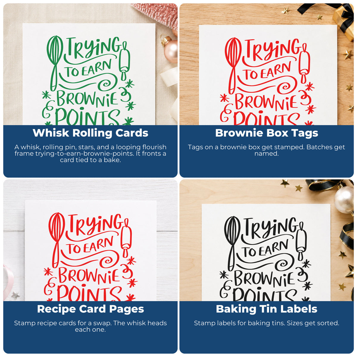 Four ways to use the Trying To Earn Brownie Points Whisk Stamp – Slim Pre-Inked: whisk rolling cards, brownie box tags, recipe card pages and baking tin labels.