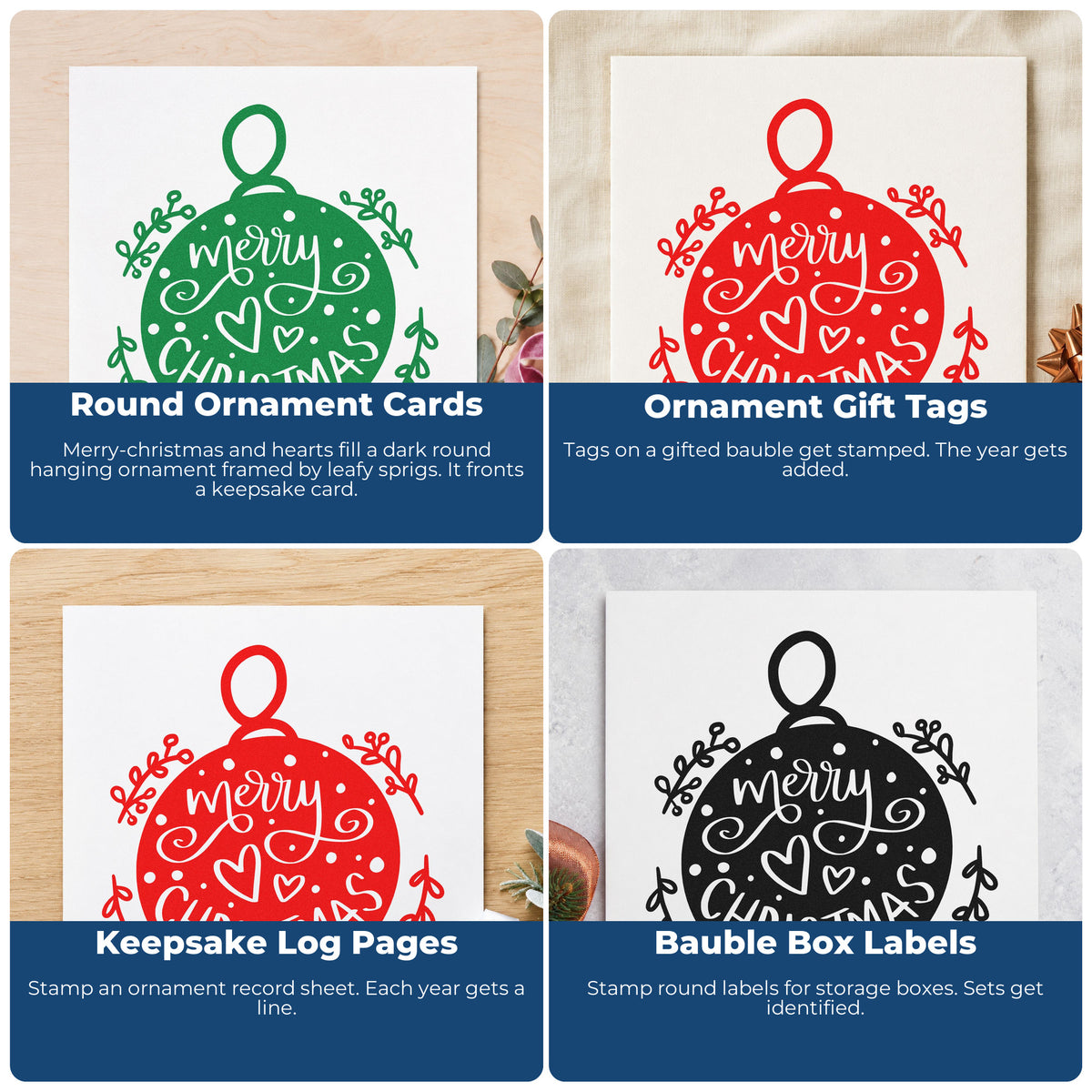 Christmas rubber stamp ideas for gift wrap, greeting cards, advent calendars, and ornaments with festive holiday sentiments.