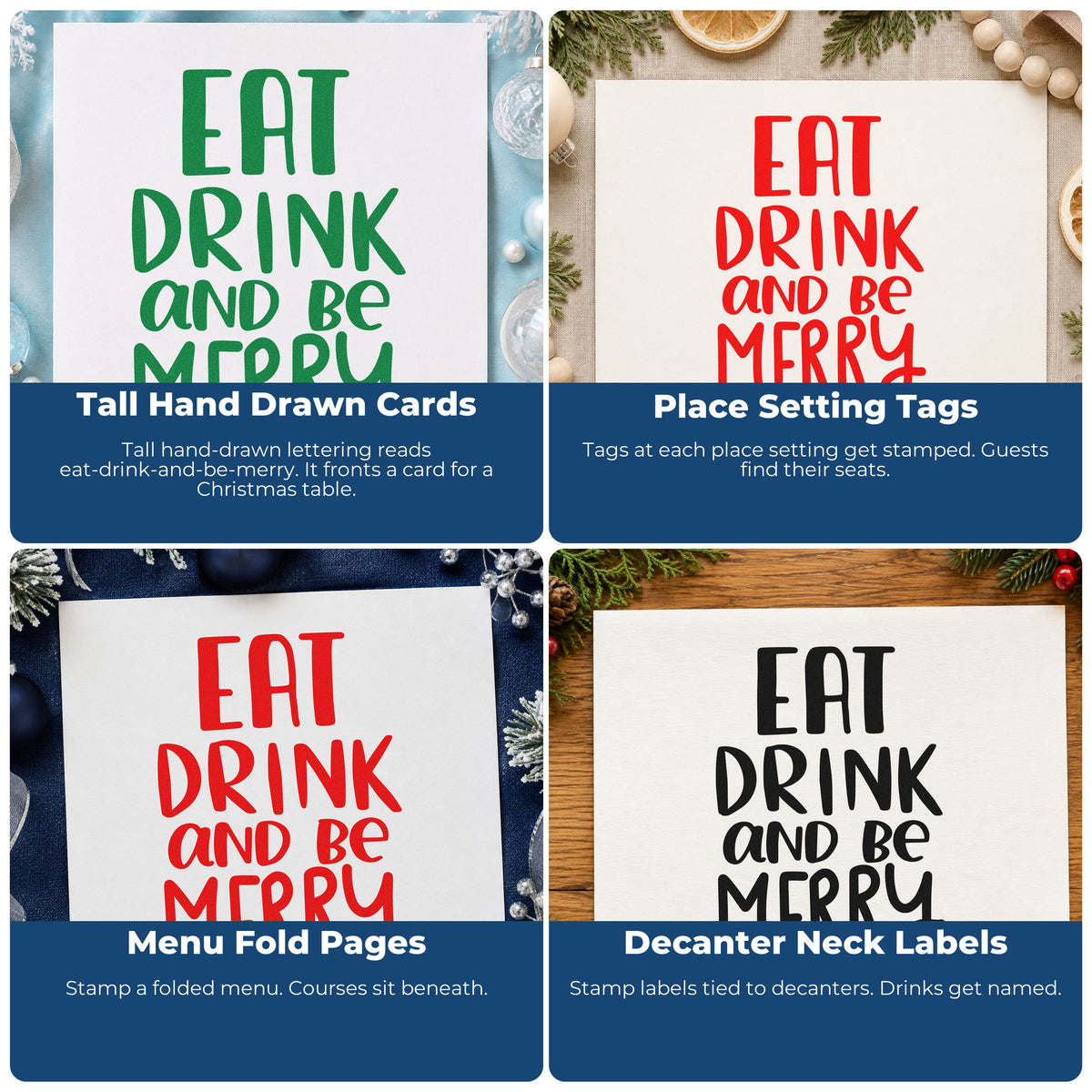 Christmas rubber stamp inspiration collage for gift wrap, holiday cards, advent calendars, and ornaments with festive designs.